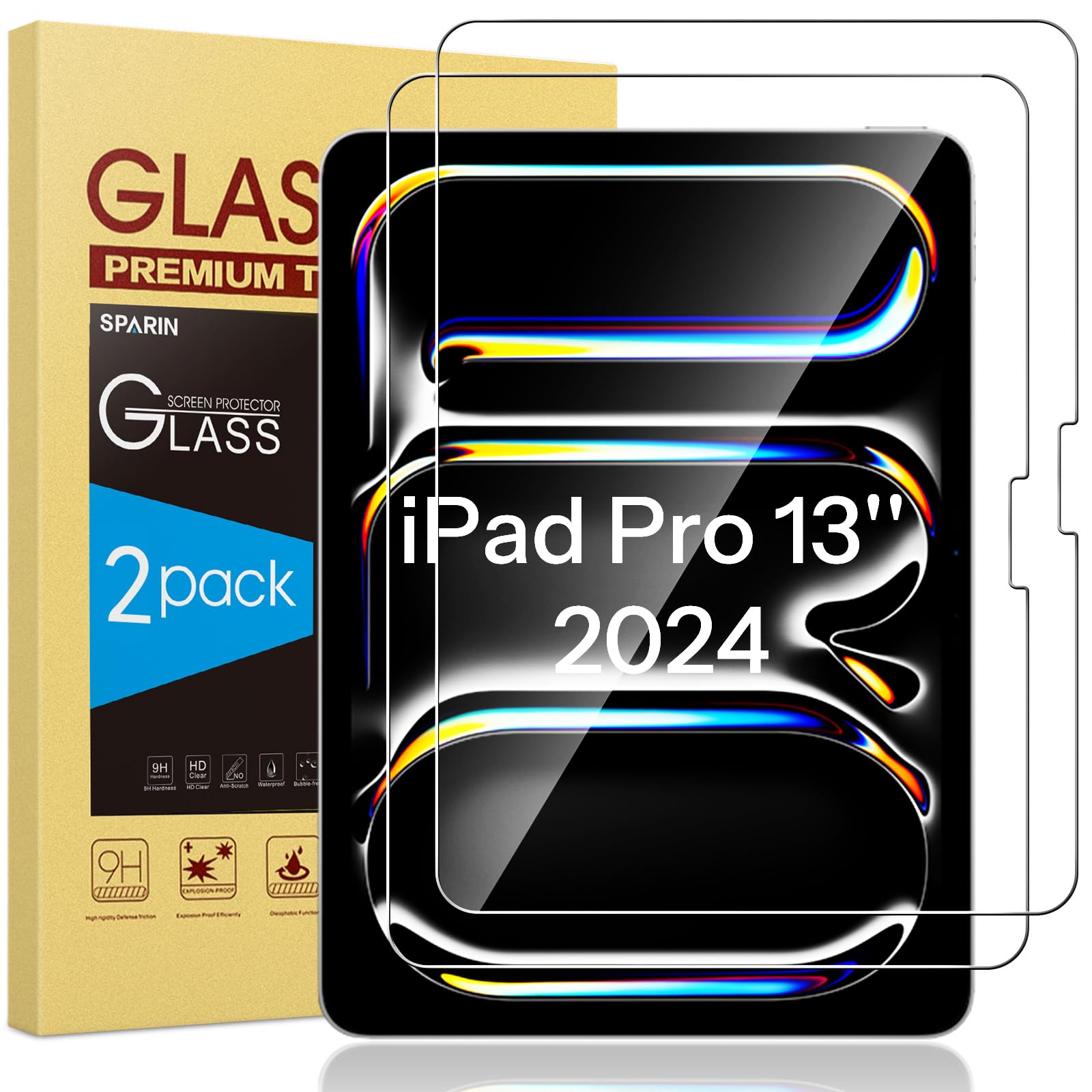 SPARIN 2 Pack Tempered Glass Screen Protector for iPad Pro 13 inch M4 7th Generation (2024) - HD Clear 9H Hardness, Face ID & Apple Pencil Pro Compatible, Case Friendly - Perfect for Work, Study, and Entertainment