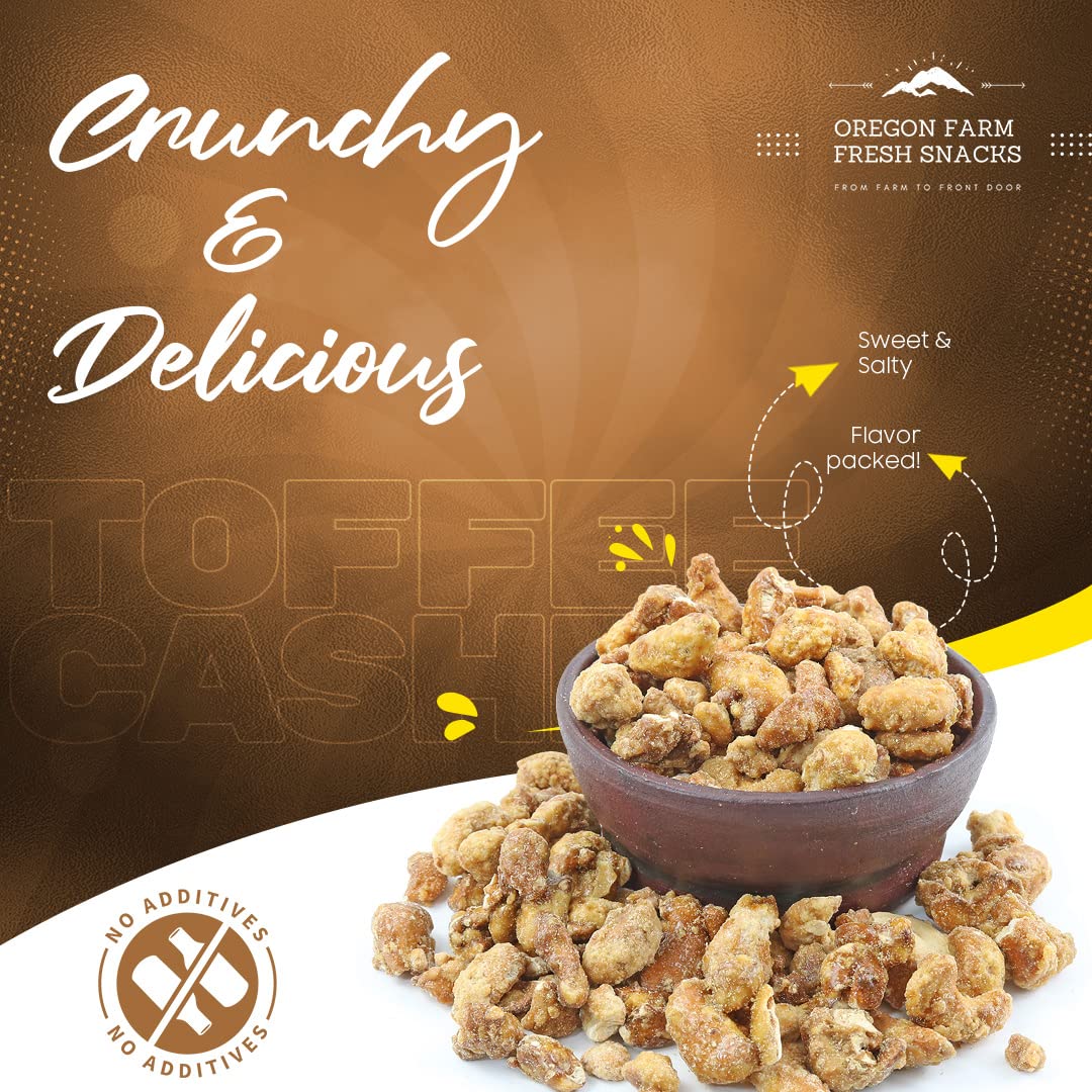 Oregon Farm Fresh Butter Toffee Cashews – 22oz Crunchy Sweet Coated Cashew Nuts – Healthy Nut Snacks for School, Office, Travel – Perfect for Gifts, Parties & Movie Nights