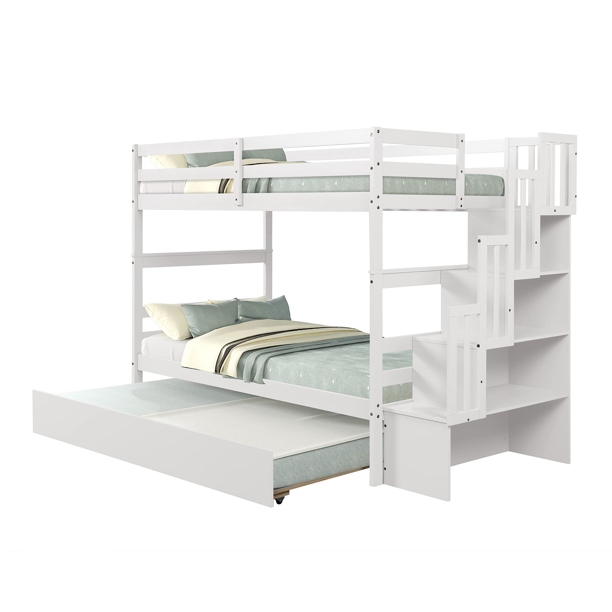 Harper & Bright Designs Twin Over Twin Solid Wood Bunk Bed with Staircase, Trundle & Storage Shelf - No Box Spring Needed - Perfect for Kids, Teens & Adults (White) - Ideal for Small Bedrooms, Guest Rooms & Vacation Homes
