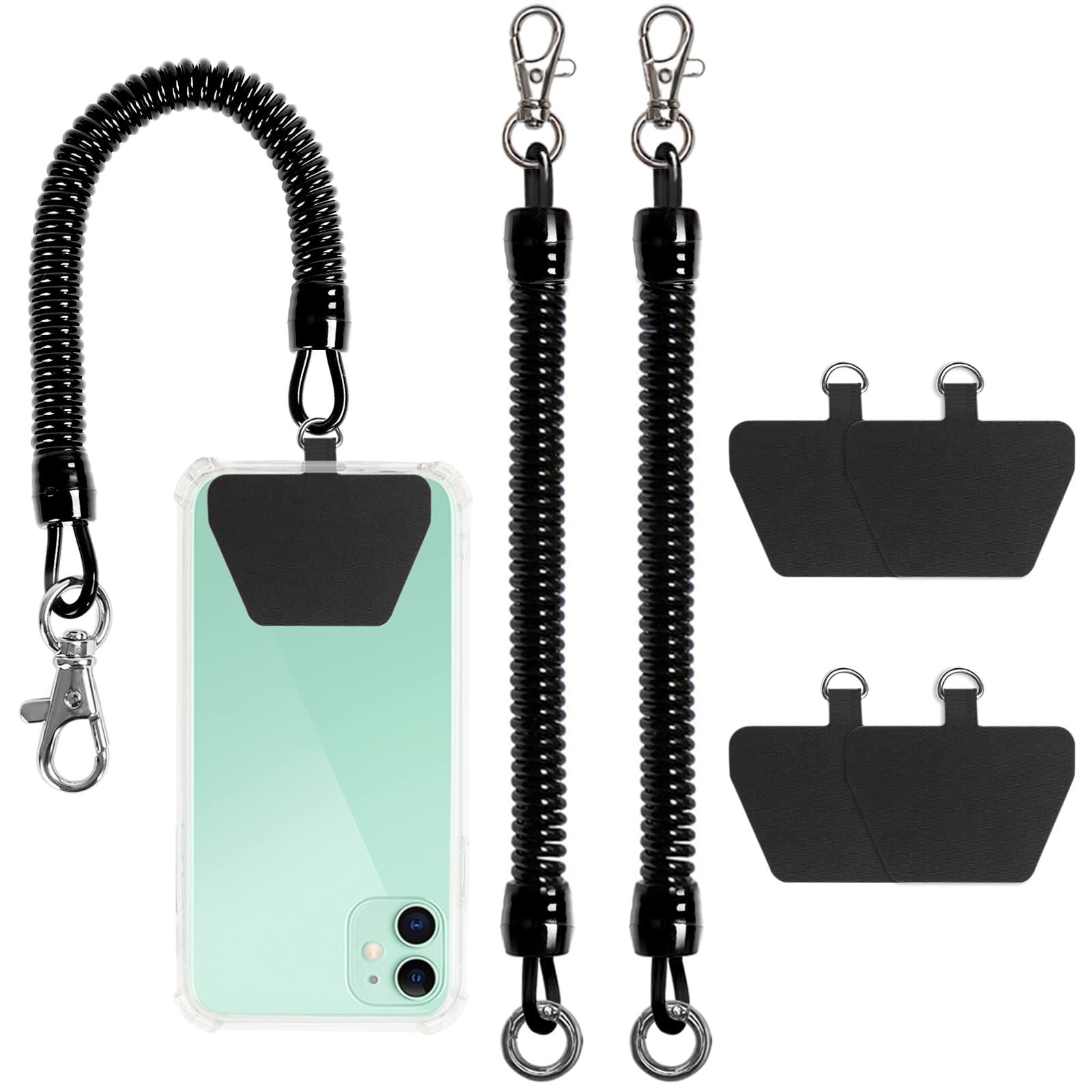 Takyu 2 Pack Cell Phone Lanyard with 4 Detachable Fabric Pads & Carabiner - Universal Phone Tether for Most Smartphones with Full Coverage Cases (Black) - Perfect for Work, Travel, and Outdoor Activities