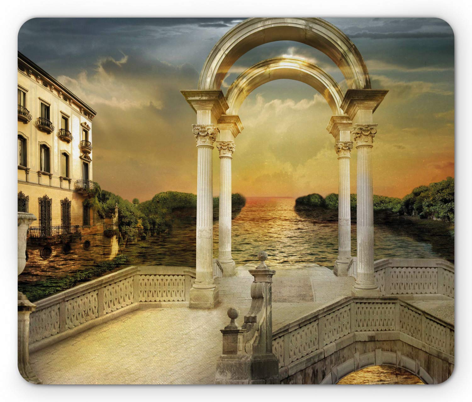 Ambesonne Fantasy Mouse Pad - Surreal Bridge Gateway with Ornaments Enchanted Woods Design, Non-Slip Rubber Base, Standard Size (9.5