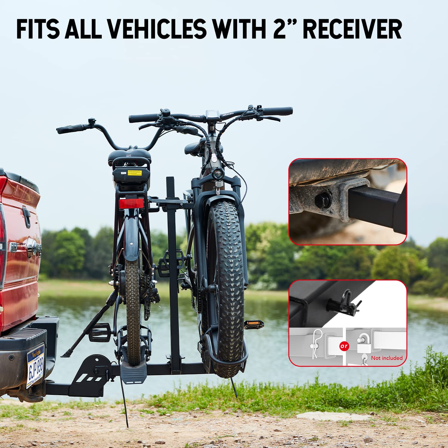 Foldable 2-Bike Rack with Ramp Mate R - 200 lbs Capacity E-Bike Carrier for Cars, Trucks, SUVs & RVs | Fits 5'' Fat Tire Electric Bicycles | 2'' Receiver Hitch | Perfect for Road Trips, Camping & Outdoor Adventures