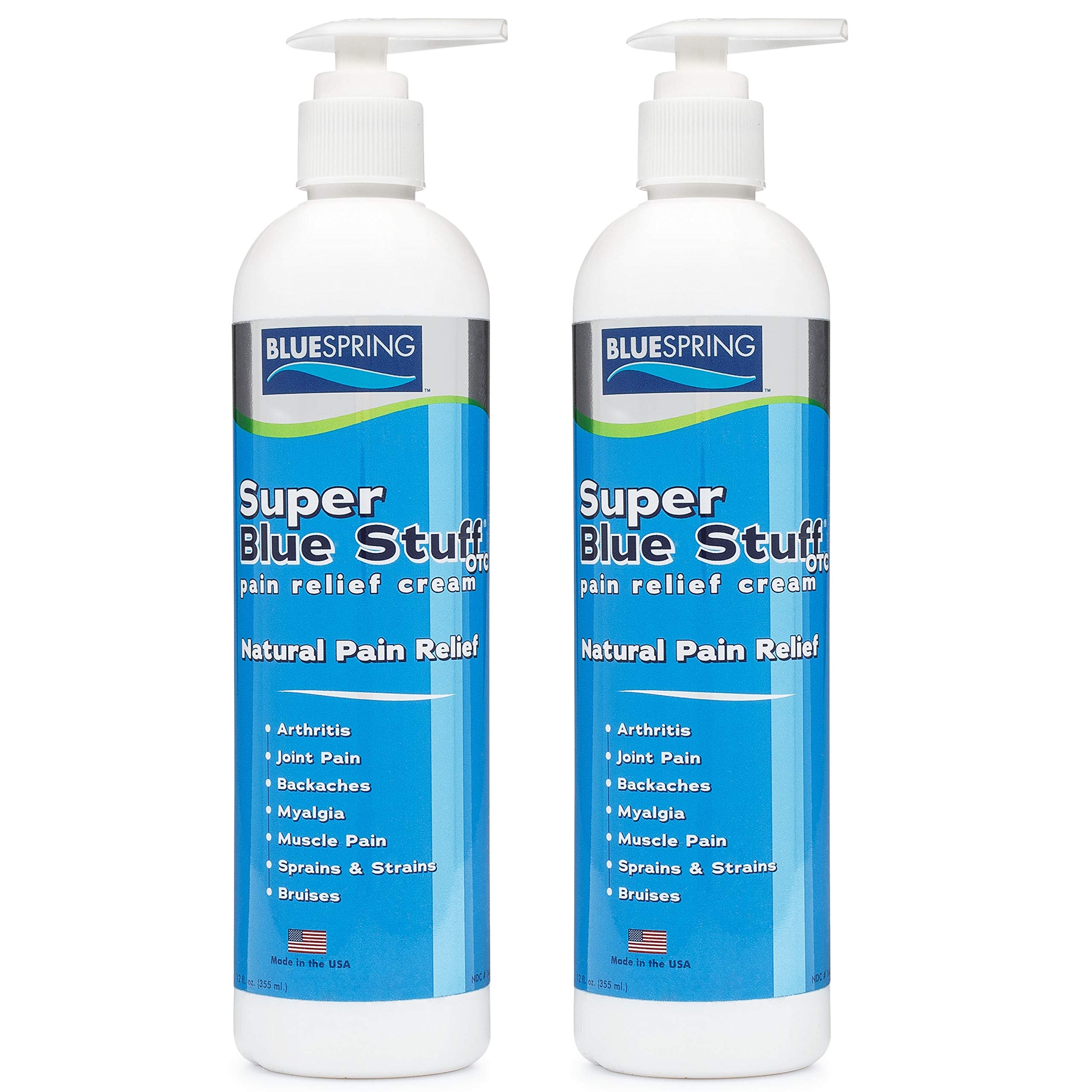 BlueSpring Super Blue Stuff Natural Pain Relief Cream with Emu Oil - Anti Inflammatory Analgesic Cream for Muscle, Joint, Knee, Back, Neck & Arthritis Pain - 12 fl oz Bottle, 2 Pack - Perfect for Athletes, Arthritis Sufferers & Post-Workout Recovery