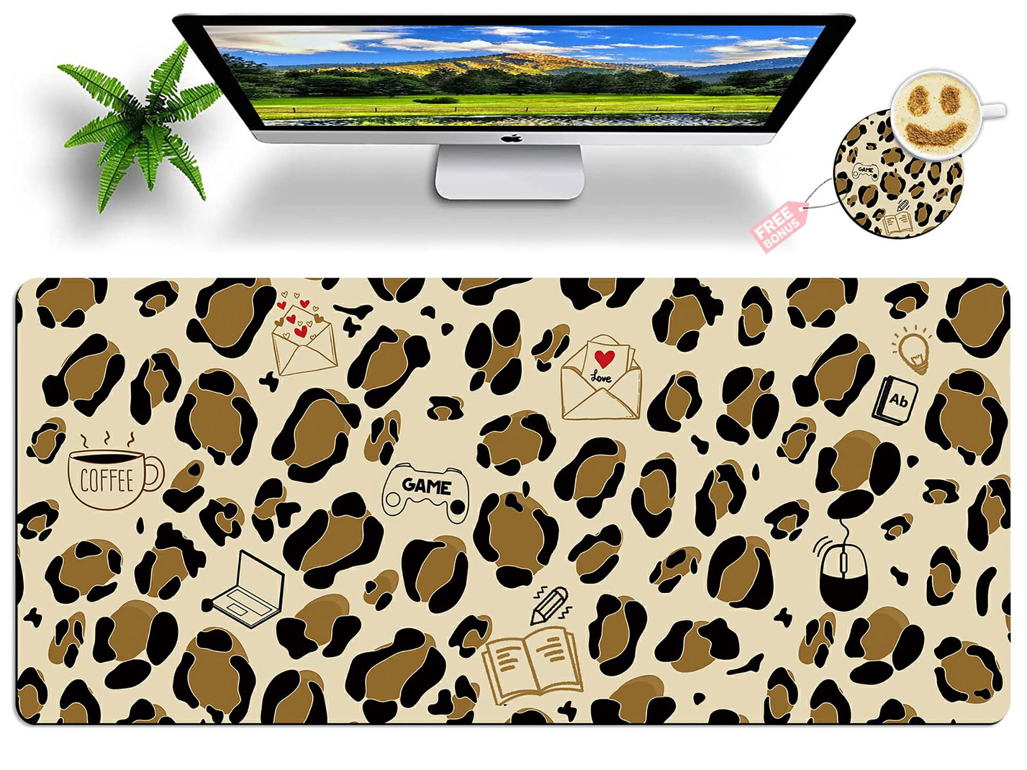 Leopard Glitter Mouse Pad Large with Coaster - 35.4