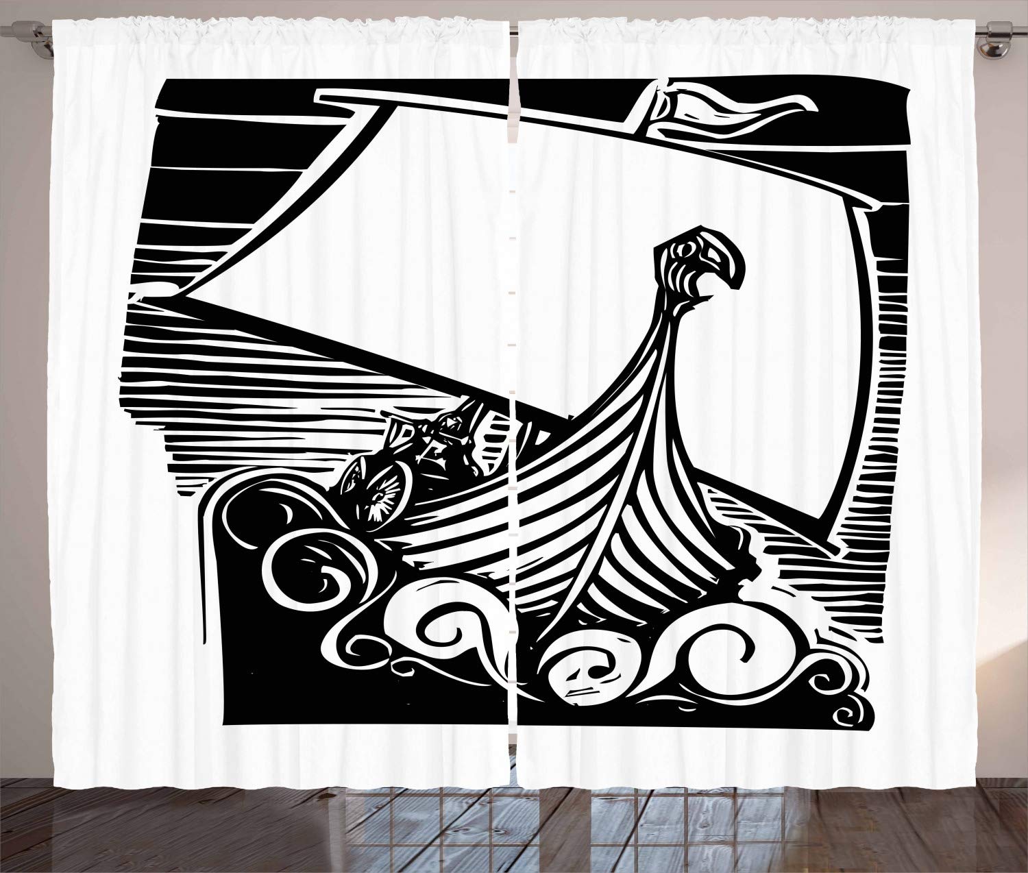 Ambesonne Nordic Viking Longship Curtains - Black & White Stormy Ocean Exploration Theme, 2 Panel Set (108