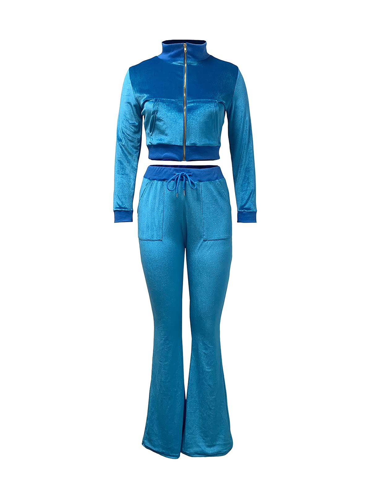 JURIS Women's 2-Piece Velour Tracksuit Set - Long Sleeve Zip Crop Top & Flare Pants | Lounge Wear, Casual Outfit, Gym Yoga Clothes