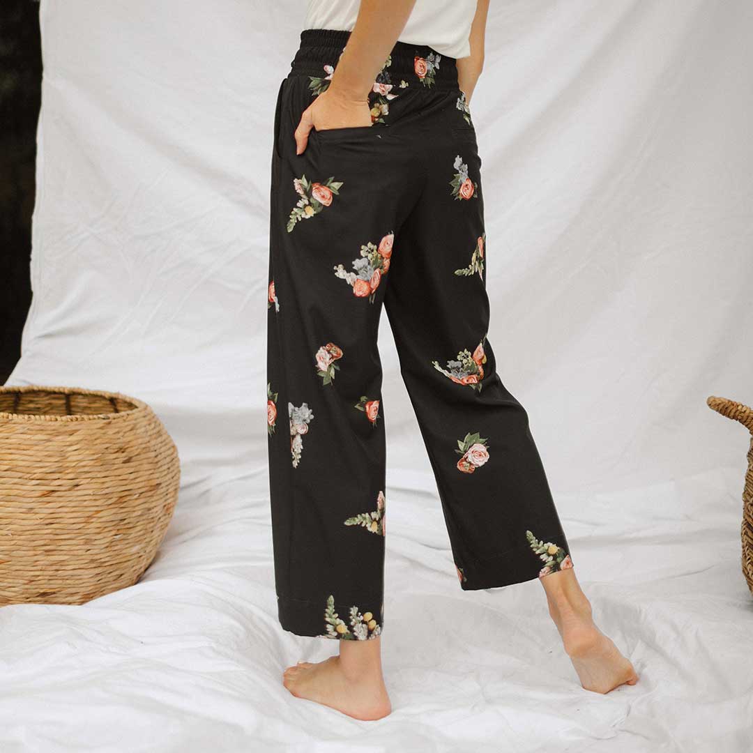 Audrey Wide Leg Pants for Women - Rose Black Floral Print High Waisted Palazzo Trousers | Office Wear, Casual Outfits & Special Occasions