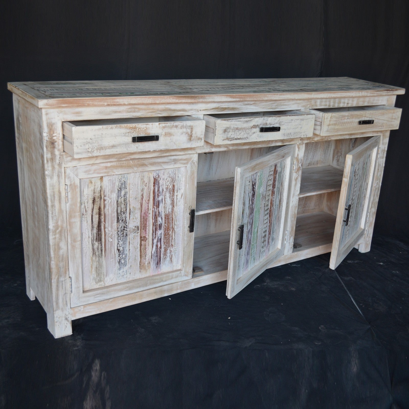 Reclaimed Wood & Mango Wood Large Sideboard Buffet Hutch - White Finish (180-200cm) - Rustic Dining Room Storage Cabinet for Farmhouse & Modern Homes