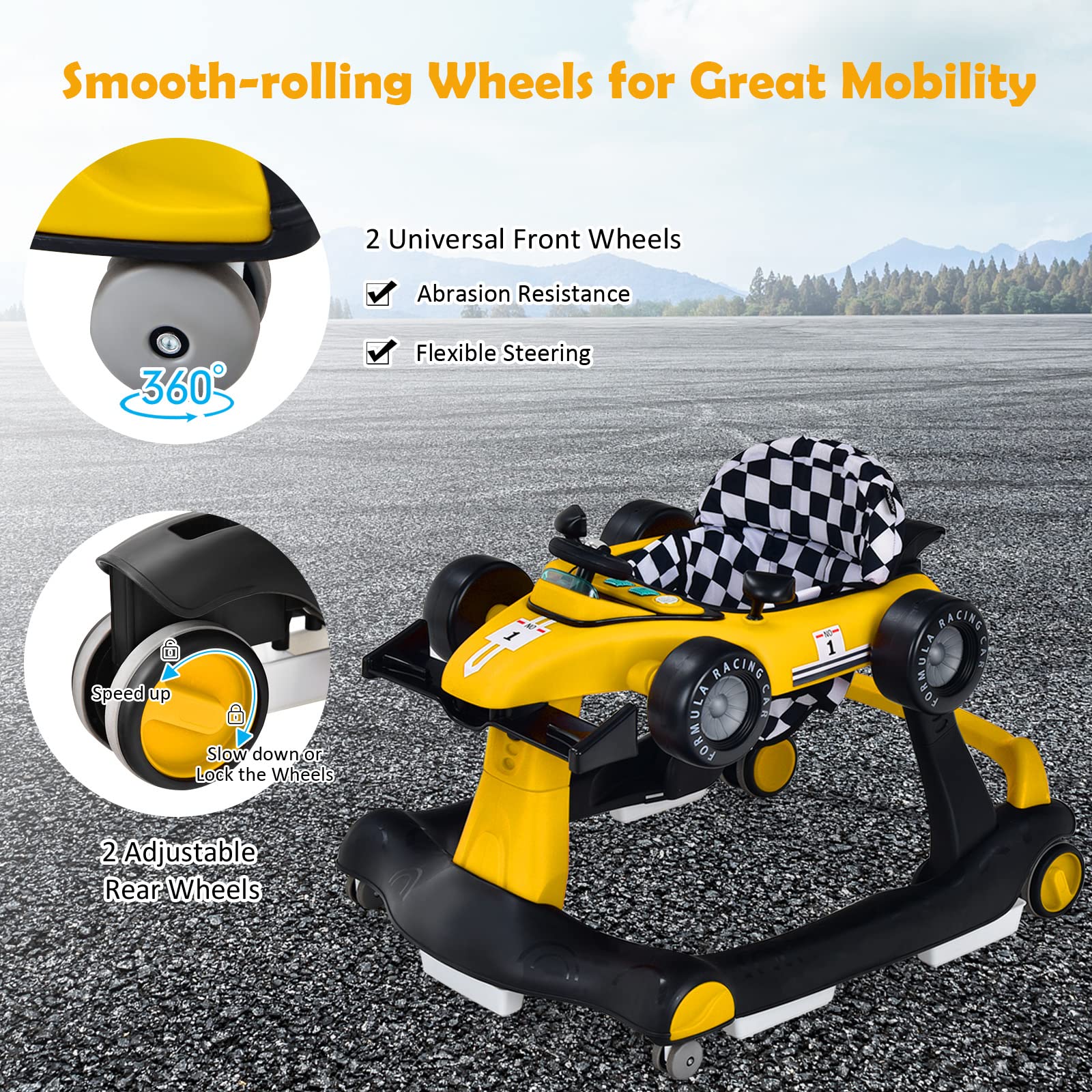 **HONEY JOY 4-in-1 Baby Walker & Activity Push Walker – Adjustable Height (3 Levels), Smooth Wheels with Speed Control, Padded Seat, Music & Lights, Foldable – Ideal for Boys & Girls 6+ Months (Yellow) – Perfect for Learning to Walk, Playtime & Indoor Exploration**