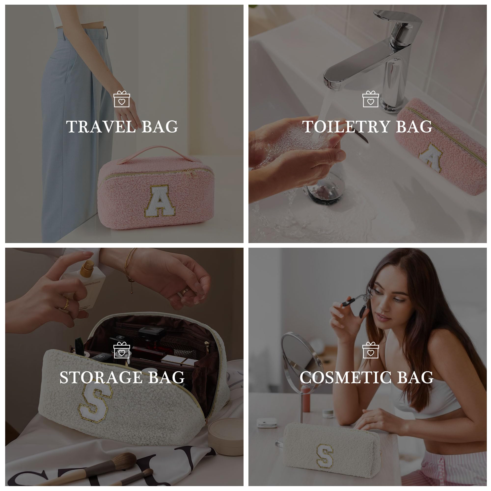 YOOLIFE Personalized Monogram Travel Makeup Bag - Cute Initial Cosmetic Pouch for Women, Waterproof Toiletry Organizer | Perfect for Travel, Gym, Bridal Shower & Birthday Gifts for Girlfriend (White)