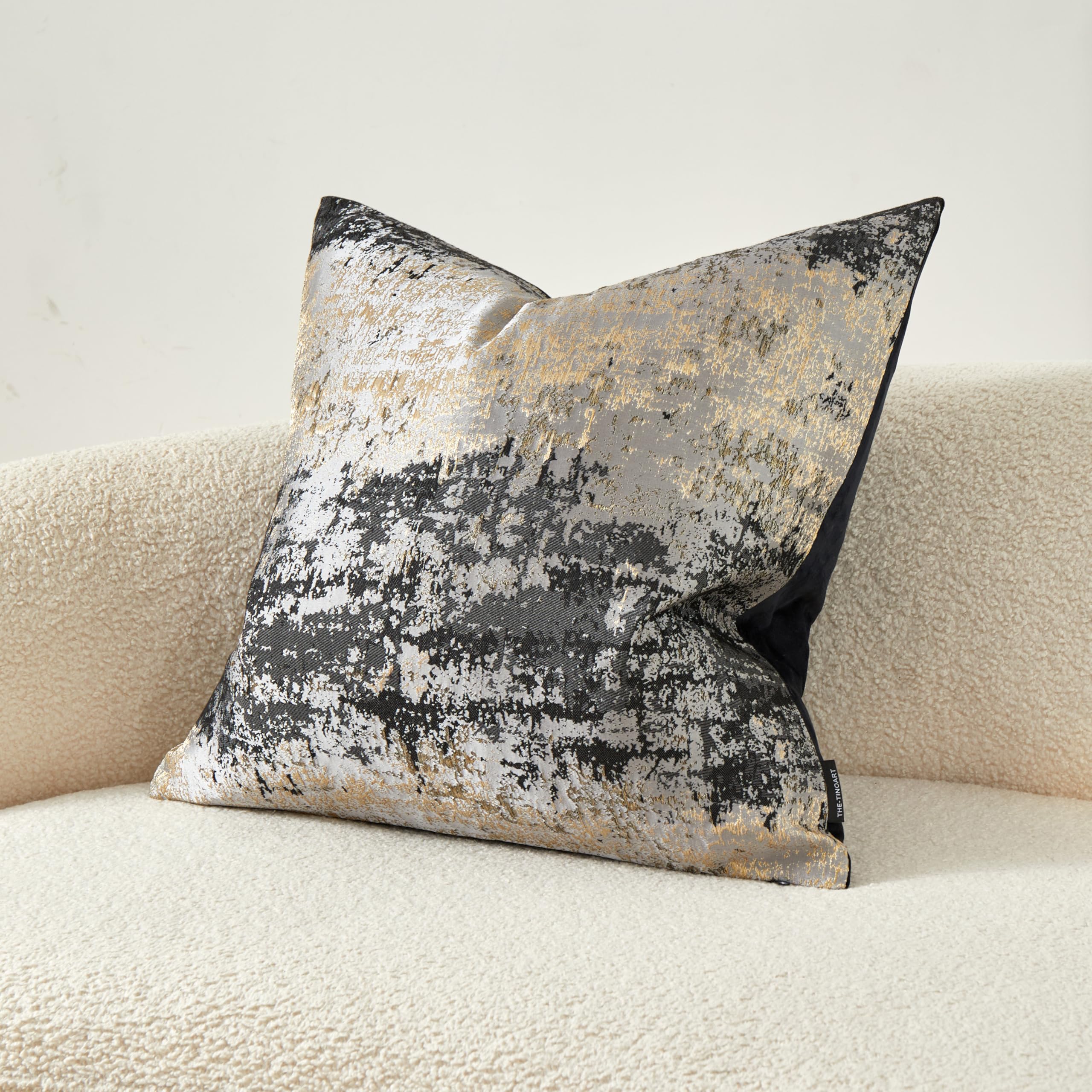 THE-TINOART Grey Decorative Throw Pillow Cover - Glitter Gold Splashed Black Jacquard Reversible Velvet Cushion Cover 22x22 Inches for Sofa, Bed, Living Room - Perfect for Grey Couches and Home Decor