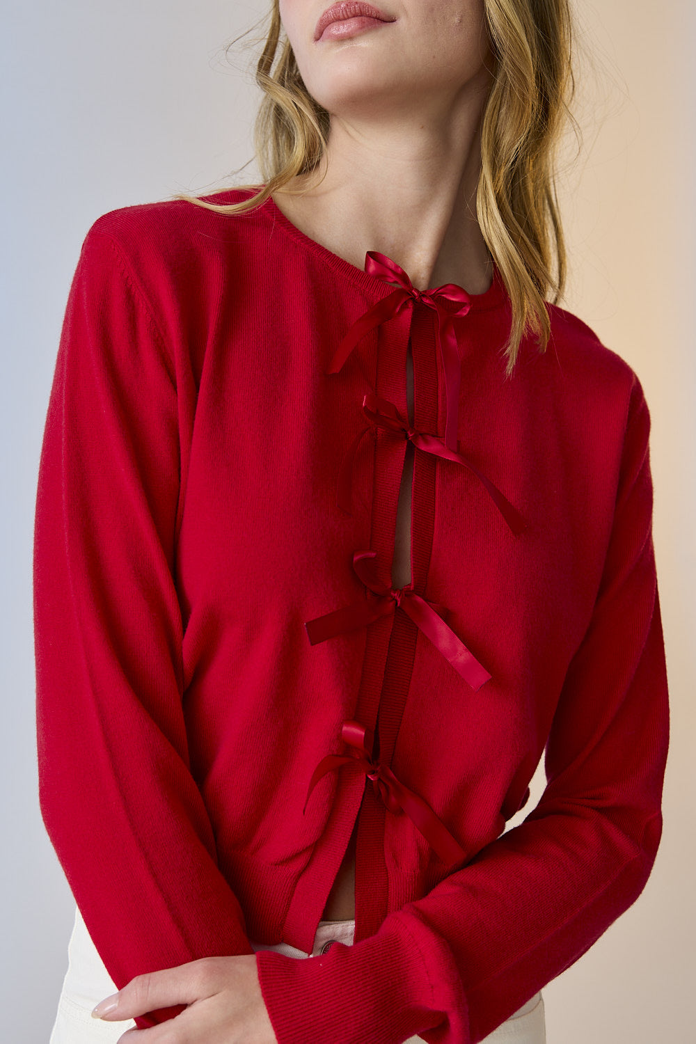 Elegant Red Knit Cardigan with Bow Detail - Cozy Women's Sweater for Fall & Winter - Perfect for Office, Dates, and Casual Outfits