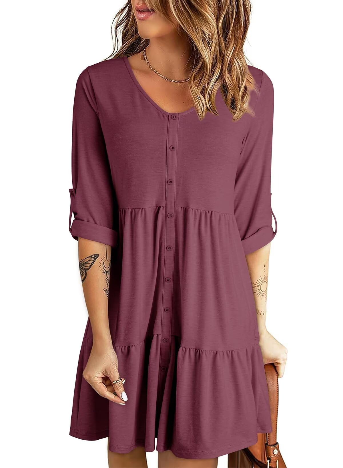 Dokotoo Women's Long Sleeve V-Neck Knit Button Down Mini Dress with Elastic Waist & Pockets - Ruffle Tiered Casual Dress for Fall 2025 | Perfect for Office, Date Night & Holiday Parties
