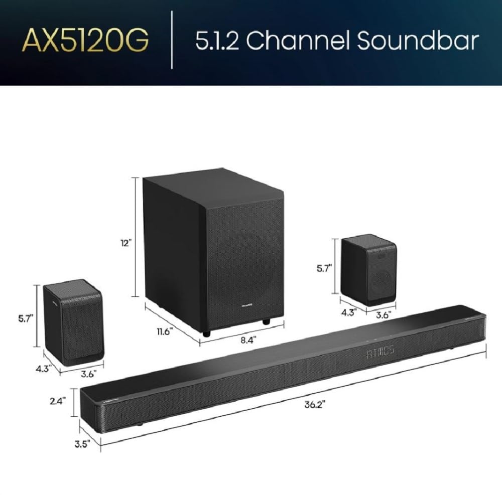 Hisense AX5120G 5.1.2 Channel 420W Dolby Atmos Soundbar System with Wireless Subwoofer & Rear Speakers - Premium Home Theater Audio for Movies, Music & Gaming (Renewed, Black)