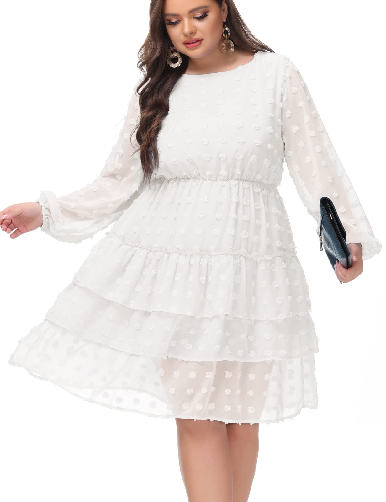 Hanna Nikole Plus Size Women's Babydoll Dress - Long Sleeve Swiss Dot Midi Dress for Wedding Guest, Party, Date Night & Special Occasions