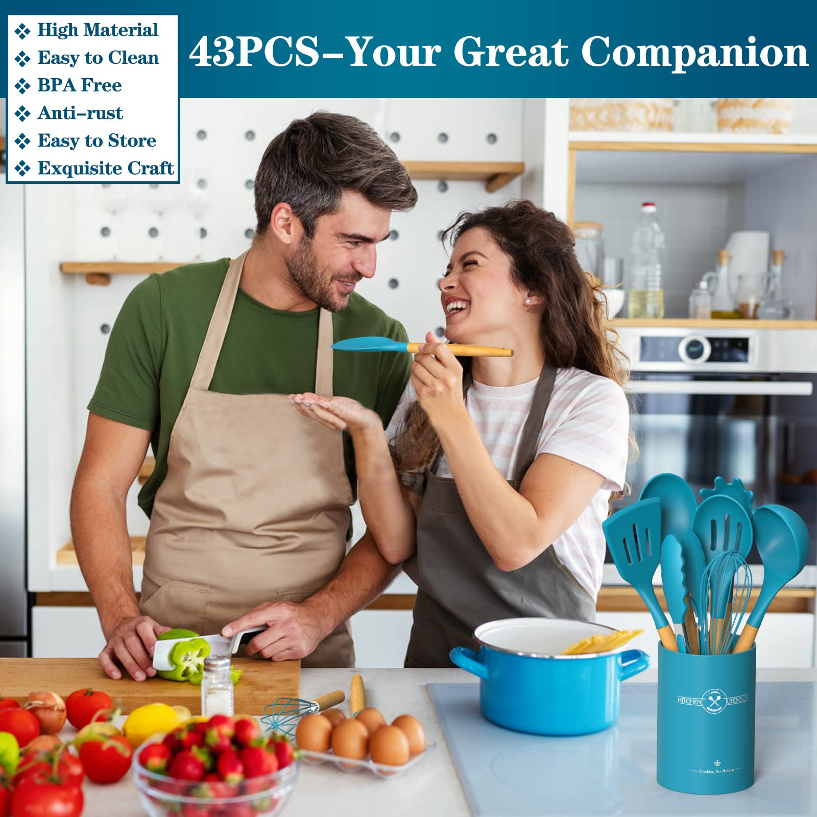 43Pcs Silicone Cooking Utensils Set with Wooden Handle - Non-Stick, Heat Resistant Kitchen Tools for Baking, Cooking & Mixing - Includes Storage Holder - Perfect for Home Chefs & Professional Kitchens (Dark Blue)