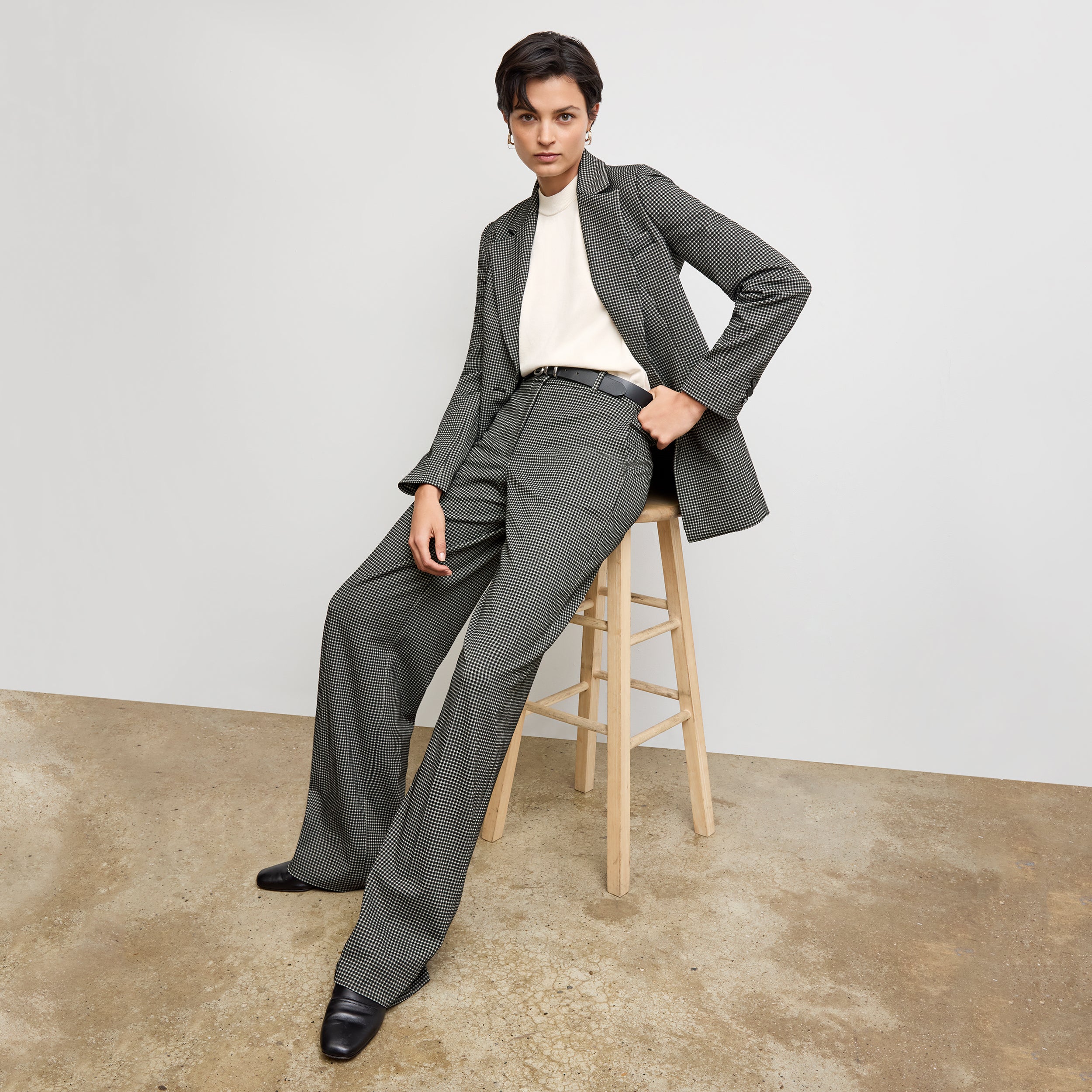 Tinsley Wide Leg Pants for Women - Soft Knit Suiting Fabric with Classic Check Pattern | Office Wear & Casual Outfits