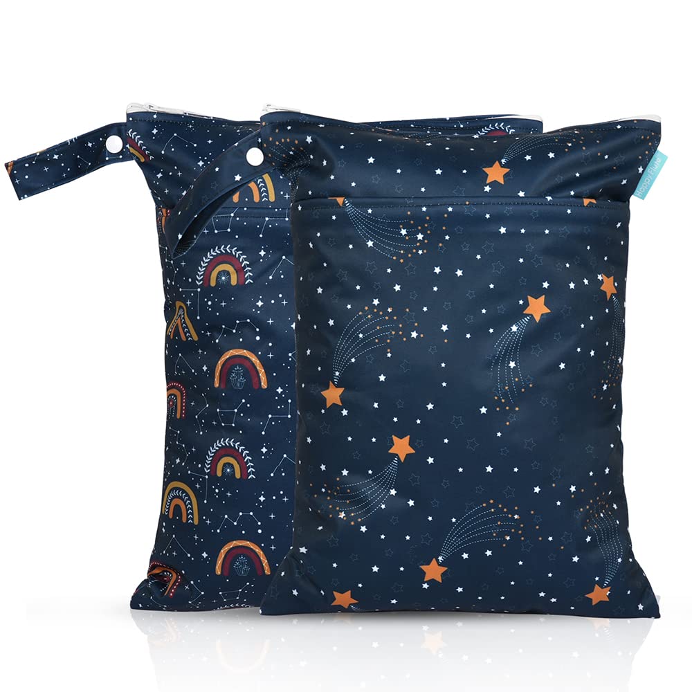 MOMIGO 2-Pack Waterproof Wet Dry Bags for Baby Cloth Diapers - Reusable & Washable Storage Pouch with 2 Zippered Pockets (11.8x15.7 Inches, Blue) - Perfect for Strollers, Diaper Bags, Swimsuits, Gym Clothes & Travel Essentials