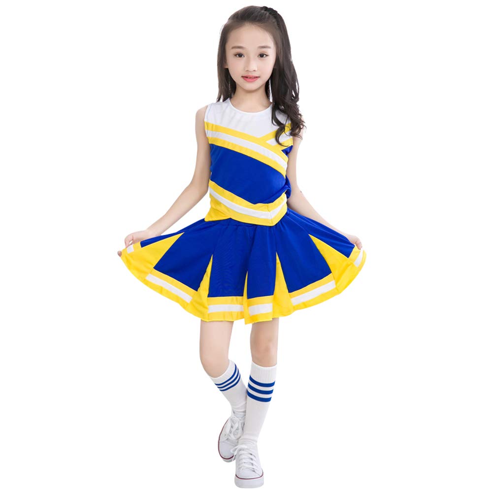 Kids Girls Cheerleading Costume Set - 2 Piece High School Cheerleader Uniform Dress with Stockings & Pom Poms for Dance Team Performance, Cheer Competition, Halloween Costume and Sports Events