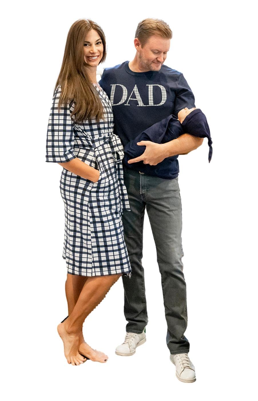 Baby Be Mine Maternity nursing robe & baby swaddle blanket set with dad t-shirt - Blue gingham (Small/Medium robe, Small shirt) | Comfortable postpartum recovery & newborn bonding essentials
