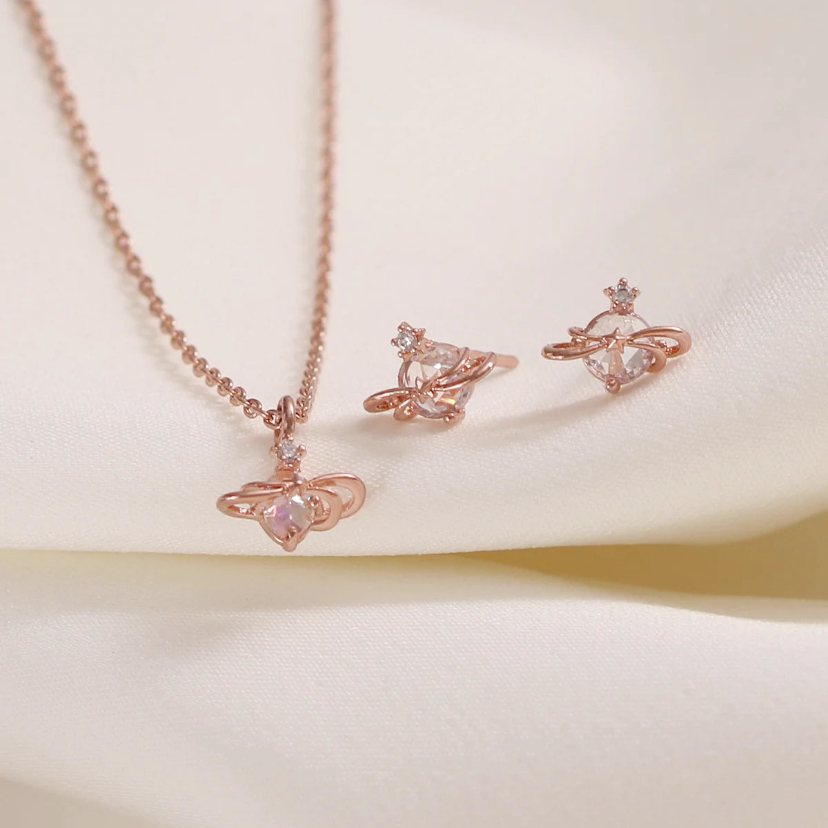 Rose Gold Princess Saturn Jewelry Set - Elegant Necklace, Earrings & Ring for Women | Perfect for Weddings, Parties & Special Occasions