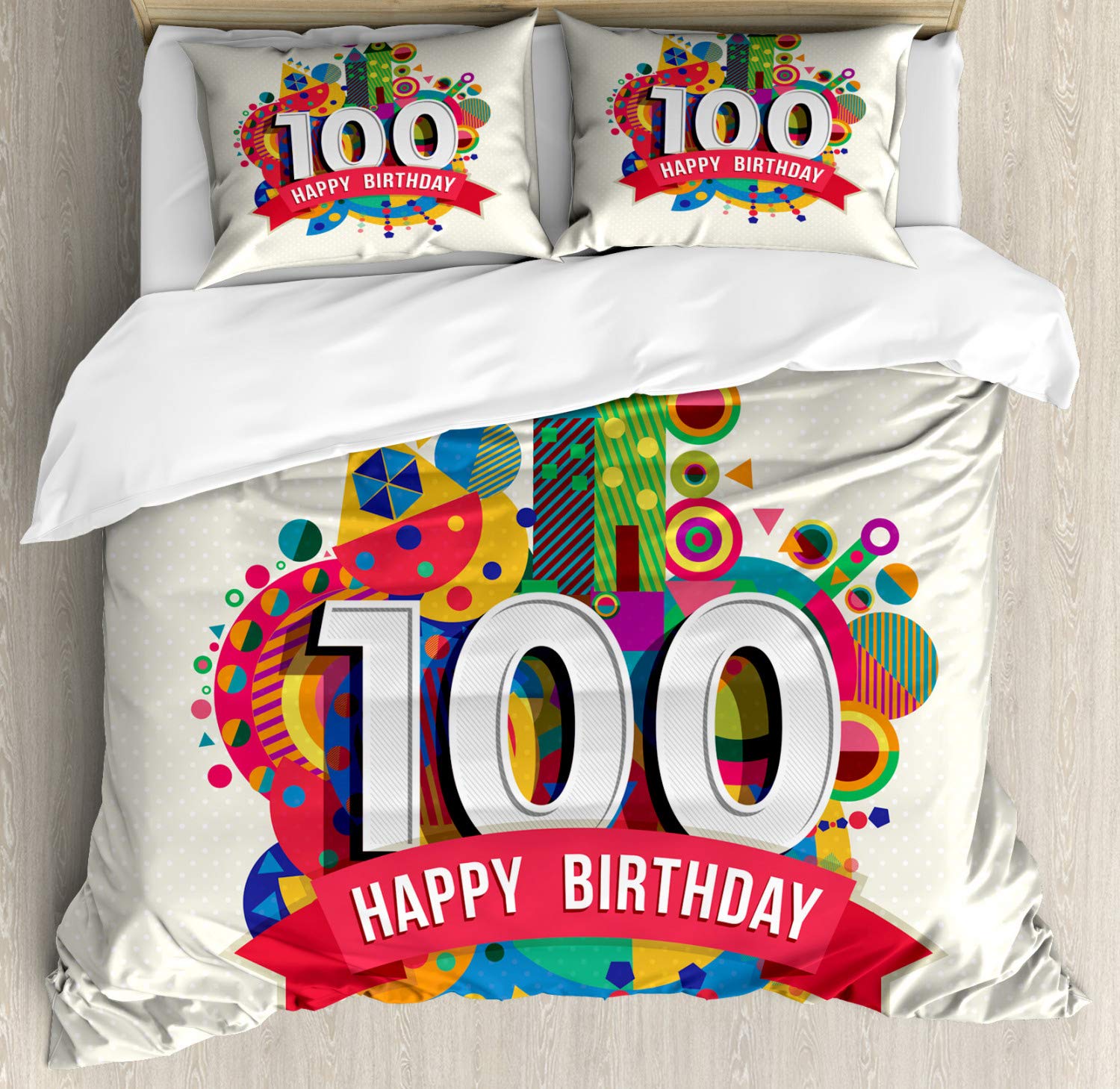 Ambesonne 100th Birthday Duvet Cover Set - Geometric Abstract Digital Print with Castle & Boat Design, 3-Piece California King Bedding Set with 2 Pillow Shams, Multicolor | Perfect for Birthday Party Decorations & Unique Home Bedroom Decor