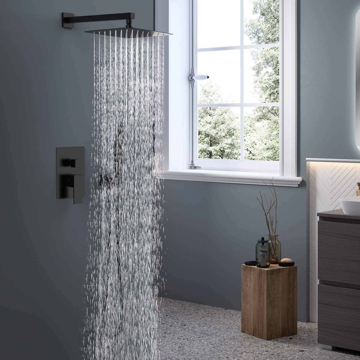 SunCleanse Matte Black Rainfall Shower System - 8 Inch Wall Mounted Rain Shower Head with Handheld Spray & Valve Trim Kit | Perfect for Luxurious Spa-Like Bathroom Experience & Modern Home Renovation
