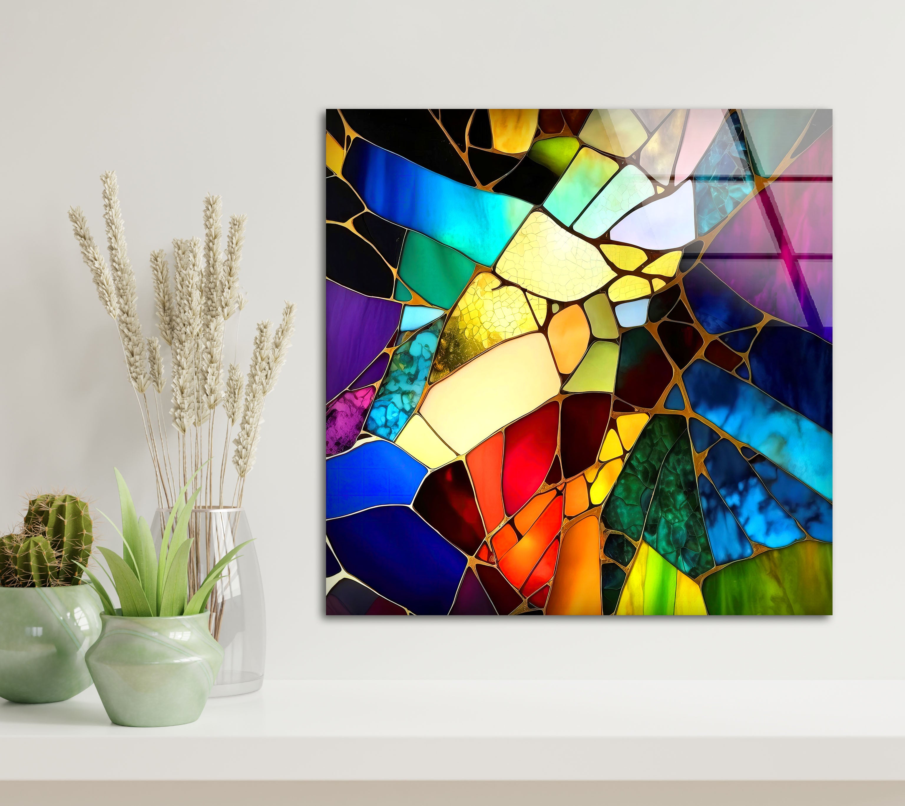 Vibrant Stained Glass Wall Art - Abstract Fractured Glass Print for Modern Home Decor | Artistic Wall Hanging for Living Room, Bedroom & Office | Unique Eclectic Interior Design Accent