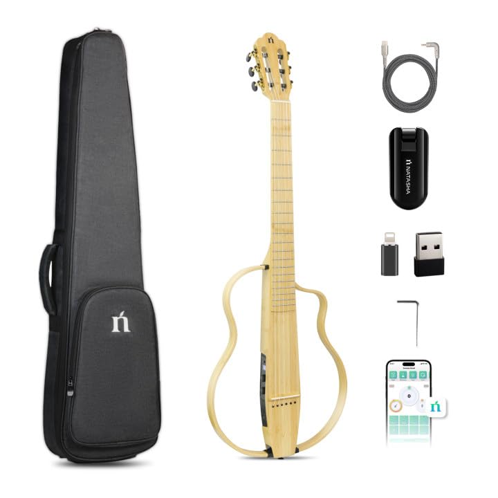Natasha Bamboo Beginner Smart Guitar - Nylon String Classical Guitar for Kids & Adults with Removable Frames, Wireless Receiver, USB Cable & Gig Bag | Perfect for Home Practice, Music Lessons & Travel
