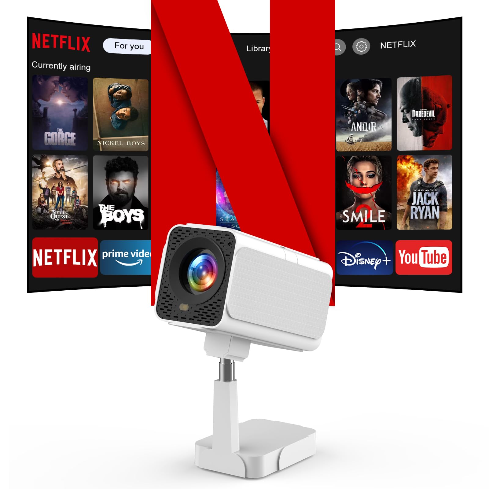 PANSEBA Smart WiFi Bluetooth Projector with Auto Keystone - 4K Supported Mini Projector with Telescopic Stand | Outdoor Movie Projector, Home Theater for Phone, Netflix-Licensed | Perfect for Backyard Movie Nights & Indoor Entertainment