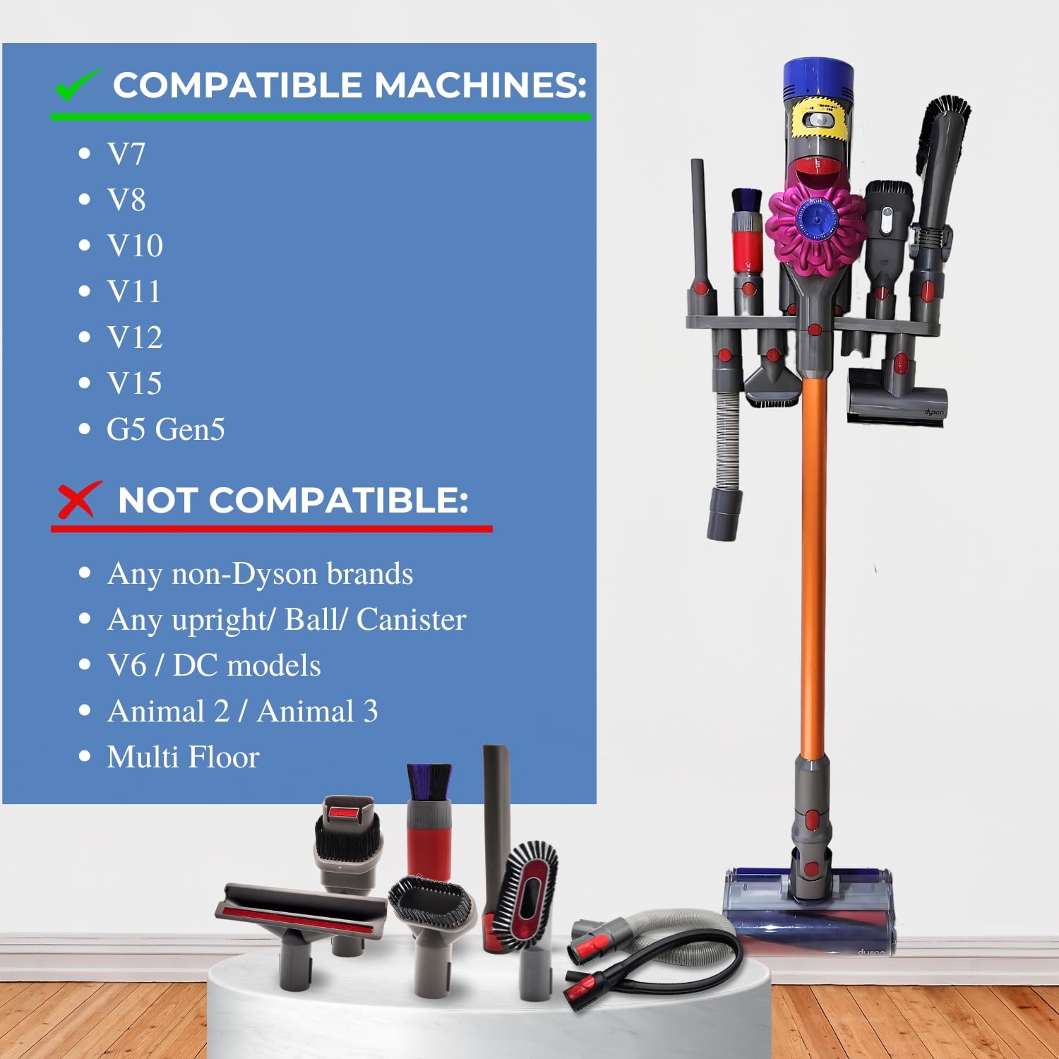 Dyson Vacuum Attachment Holder - Compatible with V15, V12, V11, V10, V8, V7, Outsize & Gen5 Cordless Stick Models - No Drill Wall Mount Organizer - Perfect for Garage, Closet & Laundry Room Storage
