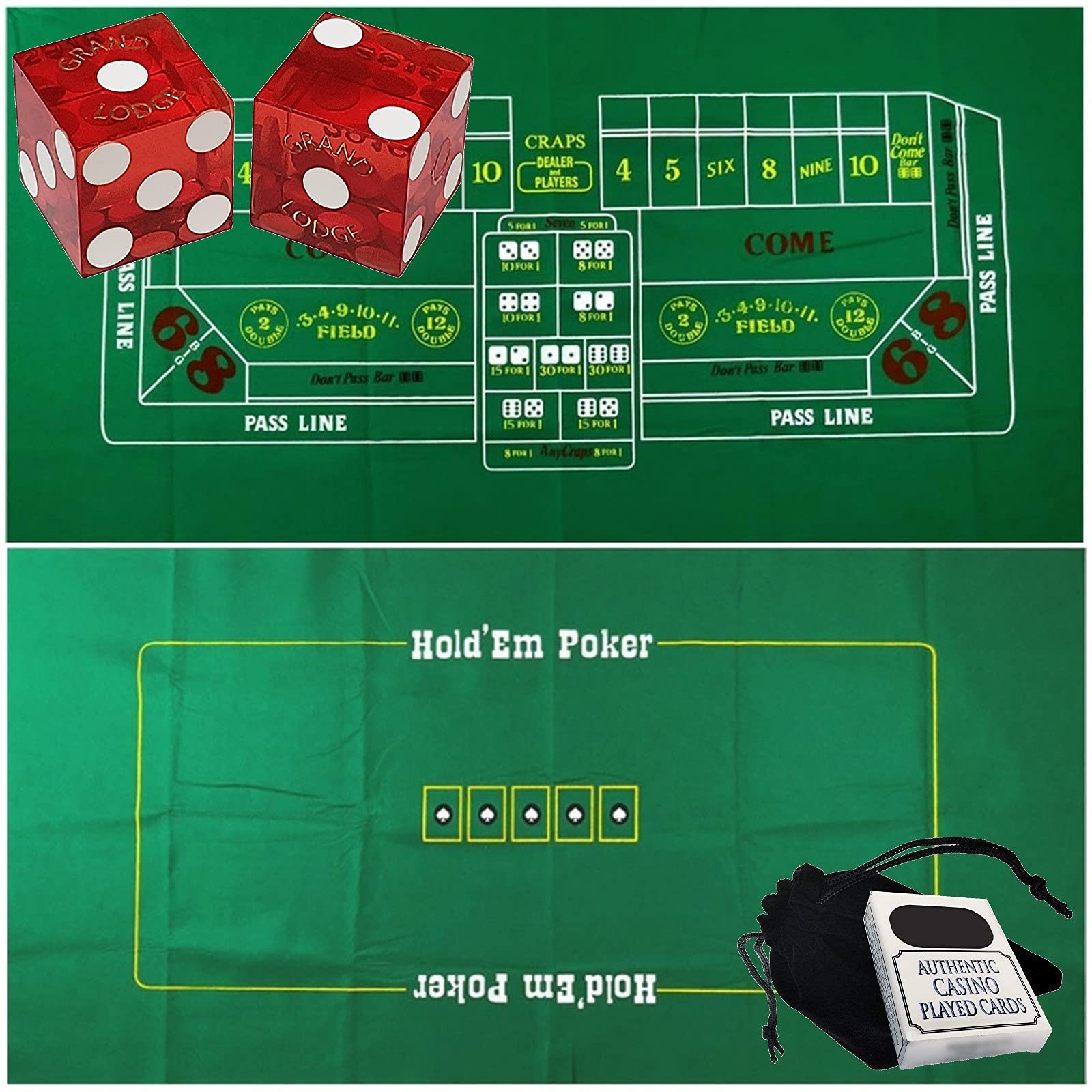 Casino Poker & Craps Set - 6ft x 3ft 2-Sided Felt Layout with Dice & Cards for Home Game Nights