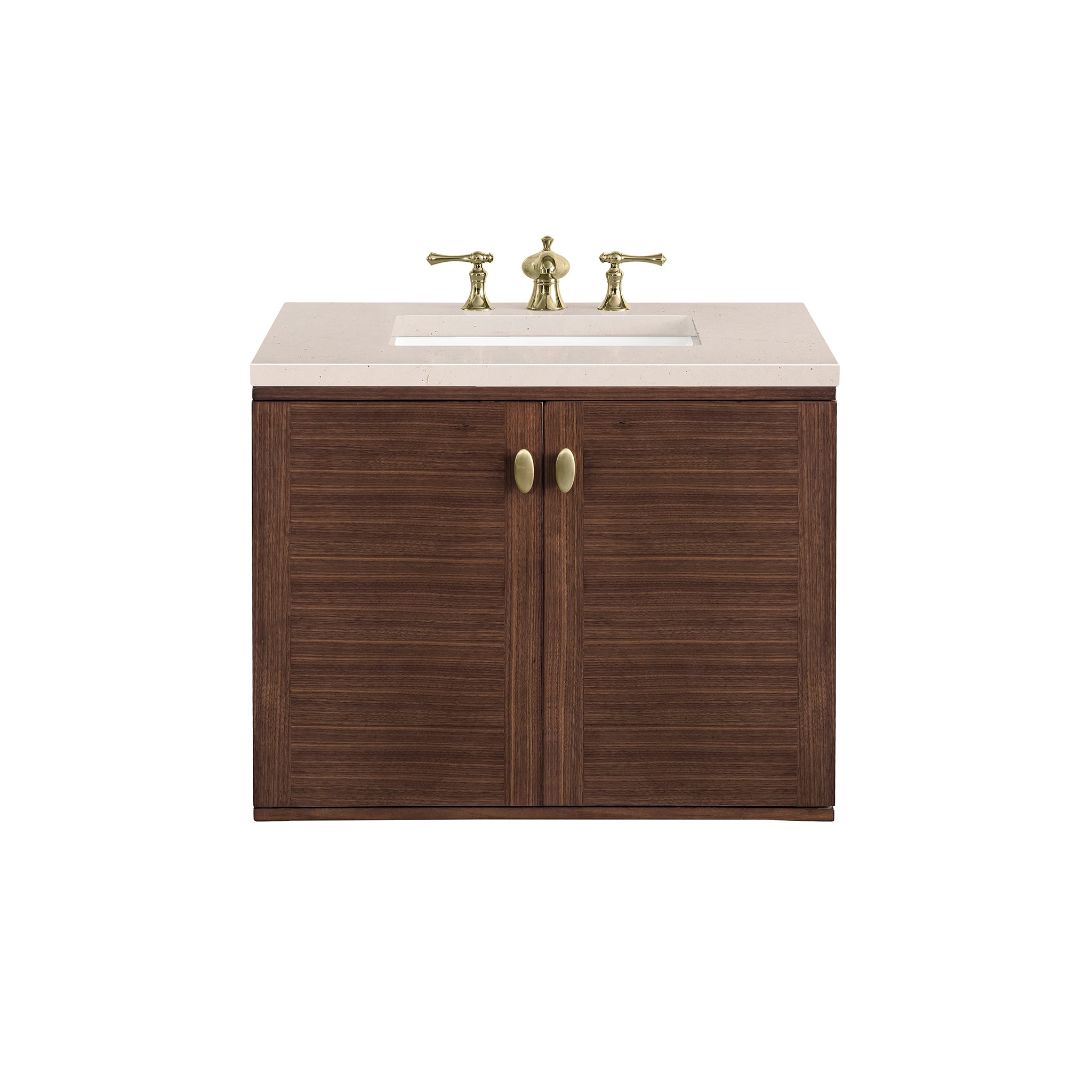 Amberly 30 Inch Single Bathroom Vanity - Mid Century Modern Walnut Finish with 3CM Eternal Marfil Stone Top | Perfect for Small Bathrooms, Powder Rooms & Master Suites