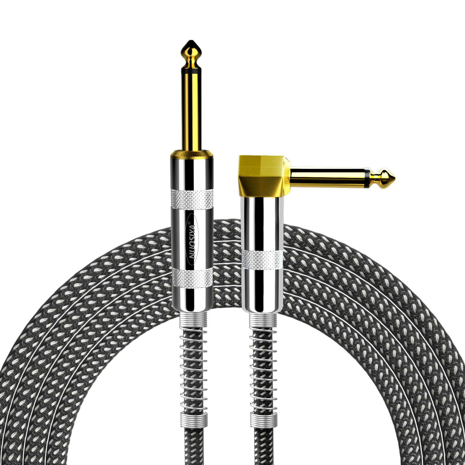 Premium 10ft Electric Guitar Cable - NUOSIYA 1/4 Inch TS Instrument Cable for Guitar, Bass, Amp, Keyboard & Mandolin (Right Angle to Straight, Gray/White) - Perfect for Live Performances, Studio Recording & Home Practice