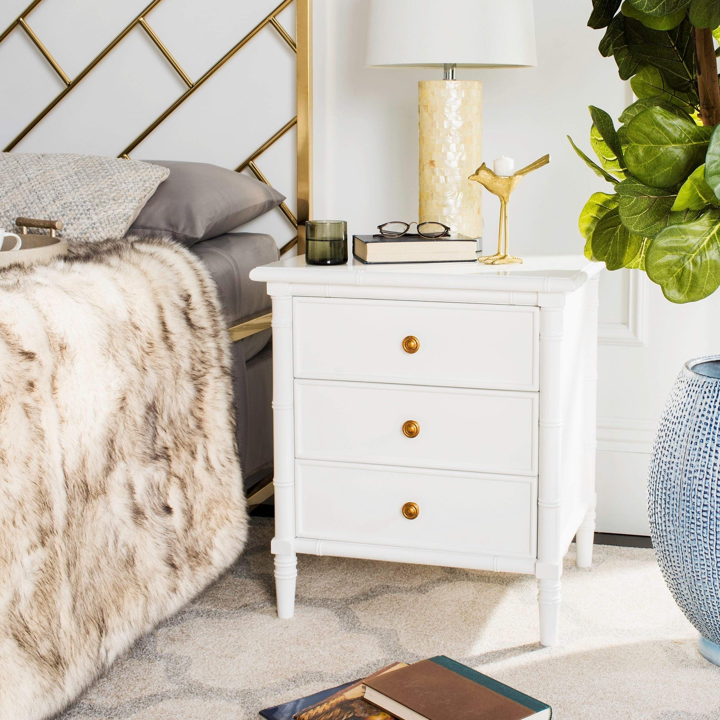 Modern Coastal 3-Drawer White Bamboo Nightstand - Contemporary Nautical Wood Bedside Table for Beach House, Guest Room & Bedroom Decor