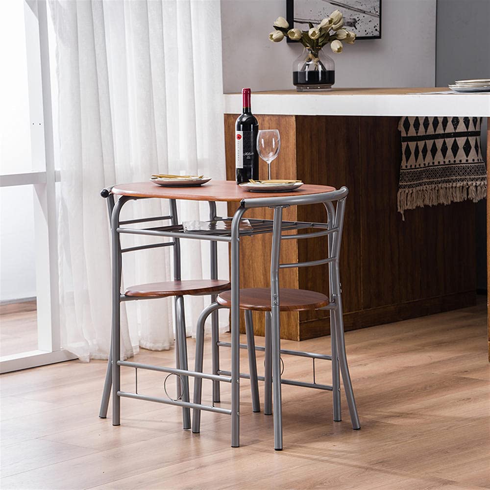 3-Piece Round Dining Table Set for 2 with Chairs - Compact Kitchen, Bistro & Restaurant Furniture - Space-Saving Breakfast & Dinner Solution - Perfect for Small Apartments, Bars & Coffee Shops - Brown Wood Finish