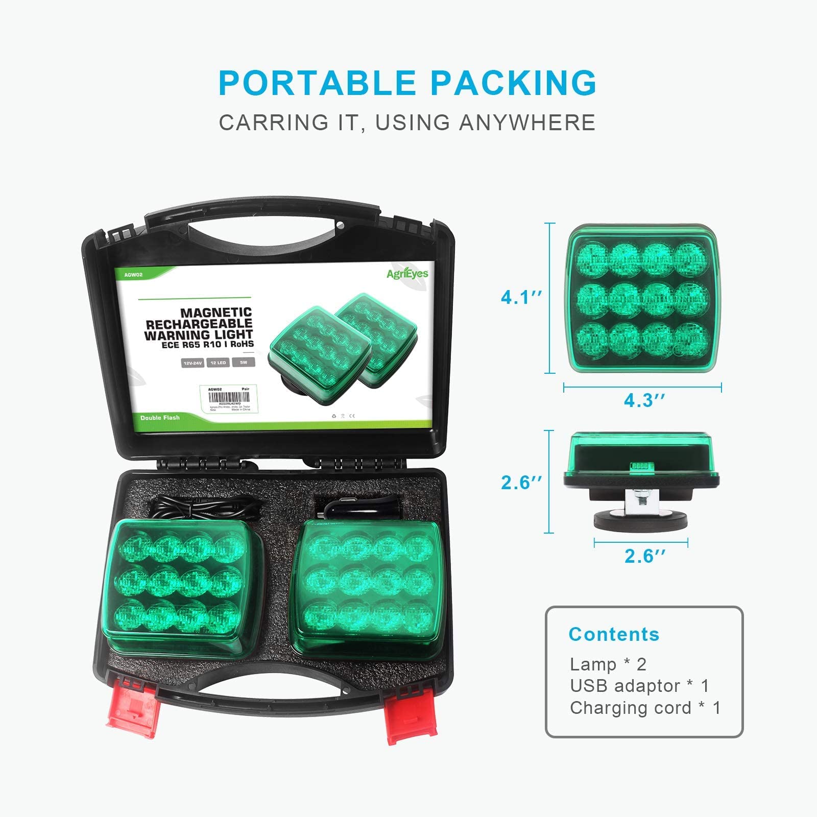 Agrieyes Emergency Strobe Light Kit - 4.2 Inch Magnetic Rechargeable Green LED Safety Warning Beacon for Tractors, Trucks, Boats & Emergency Vehicles | Perfect for Roadside Emergencies, Construction Sites & Marine Safety