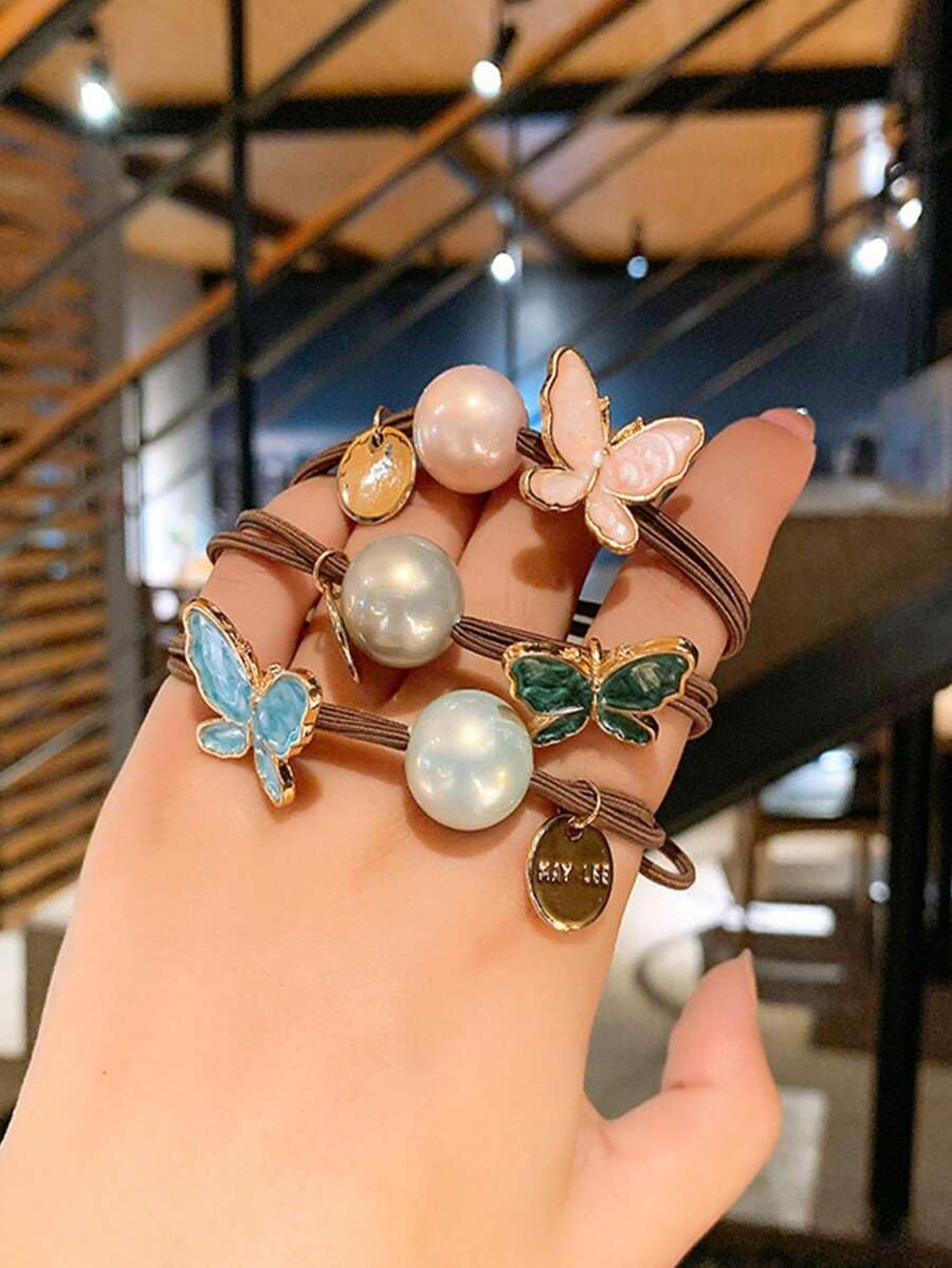 5PCS Pearl Butterfly Hair Ties for Women & Girls - Elegant Scrunchie Elastic Hair Bands, Cute Ponytail Holders for School, Work, Parties & Everyday Use