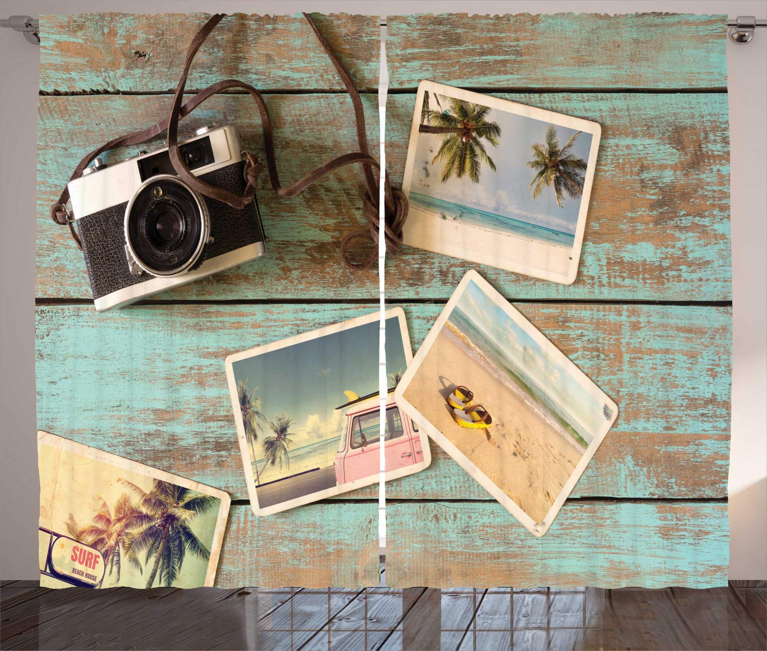 Ambesonne Vintage Camera Surfing Beach Trip Holiday Curtains - 2 Panel Set, 108
