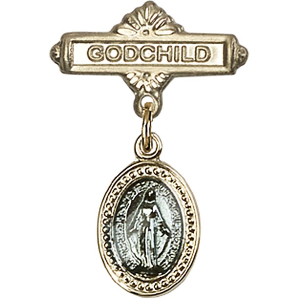 Gold Filled Baby Badge Pin with Blue Miraculous Charm - 1 x 5/8 Inch Religious Godchild Gift for Baptism, Christening & Baby Shower - Perfect for Newborn Keepsakes & Special Occasions
