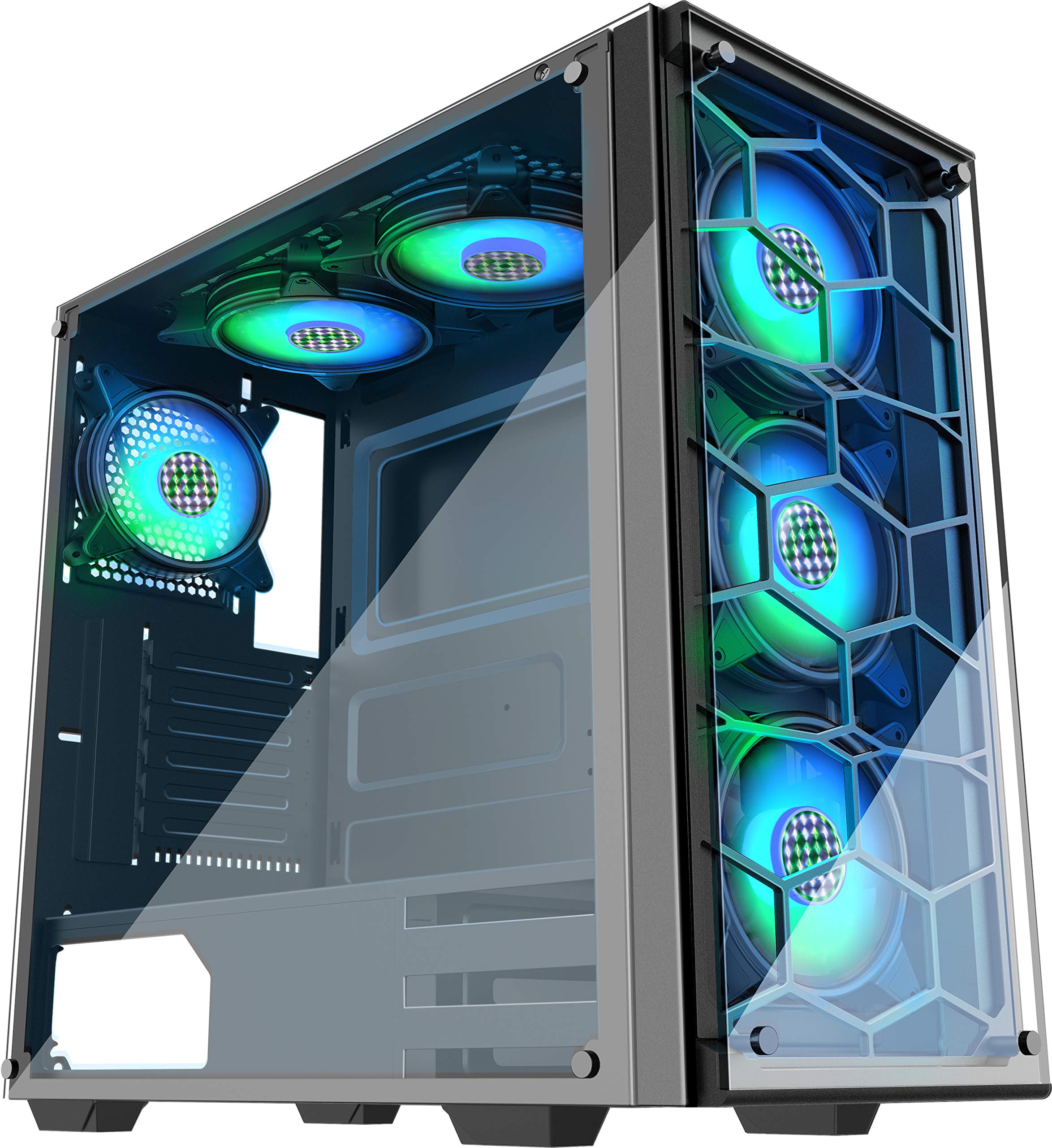 MUSETEX Phantom Black ATX Mid-Tower Gaming PC Case with 6 RGB Fans, USB 3.0 Ports & 2 Tempered Glass Panels - High Airflow Computer Chassis 907-N6 for Gaming Rigs, Workstations and Custom PC Builds