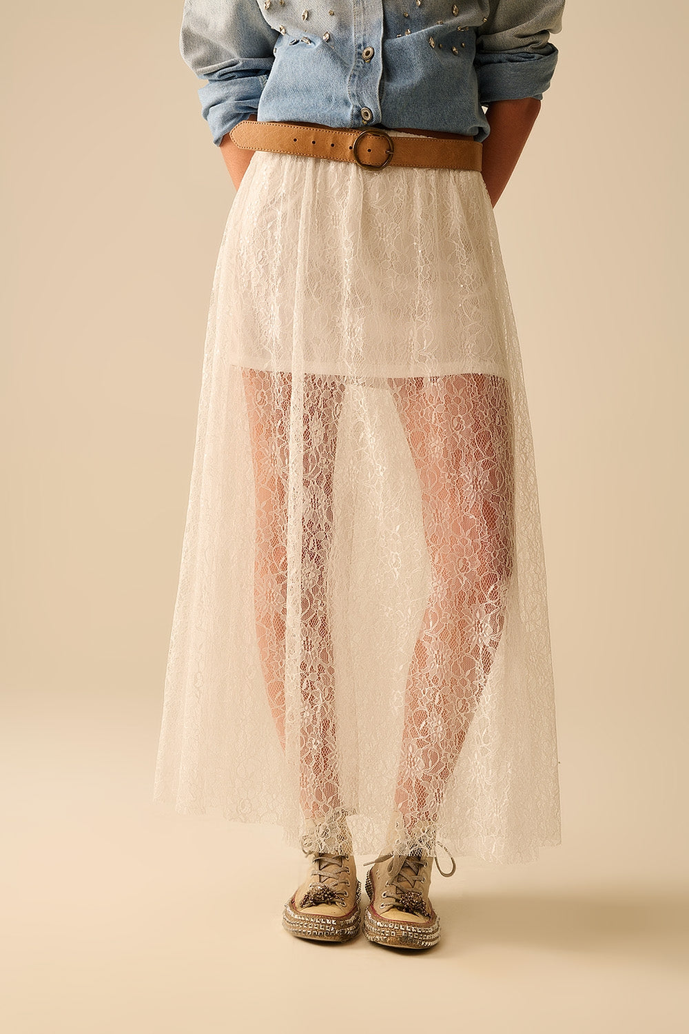 Elegant White Lace Maxi Skirt with Sparkling Details - Perfect for Weddings, Parties & Special Occasions