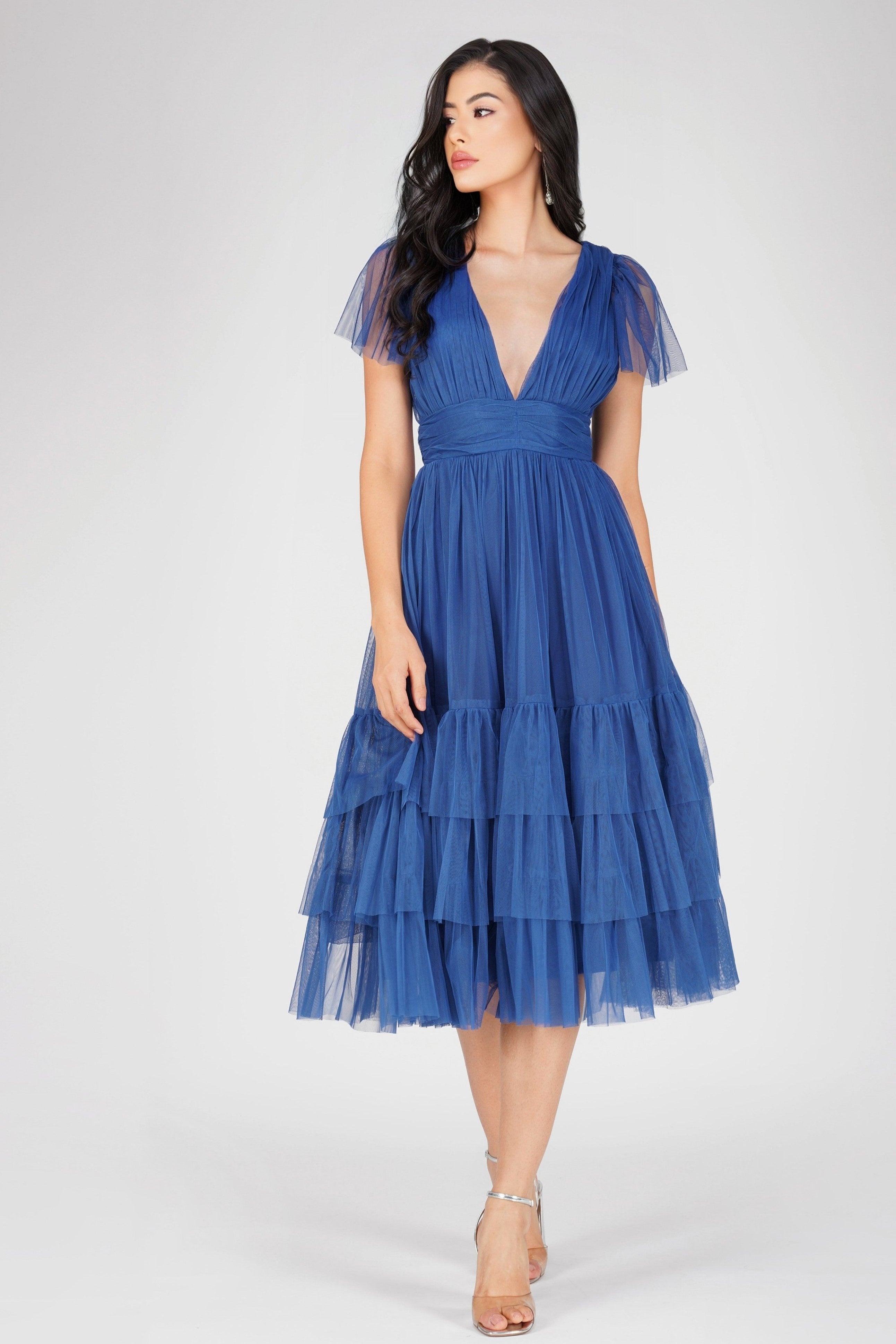 Madison Cobalt Blue Tulle Bridesmaid Midi Dress - Elegant Formal Gown for Weddings, Prom & Special Occasions