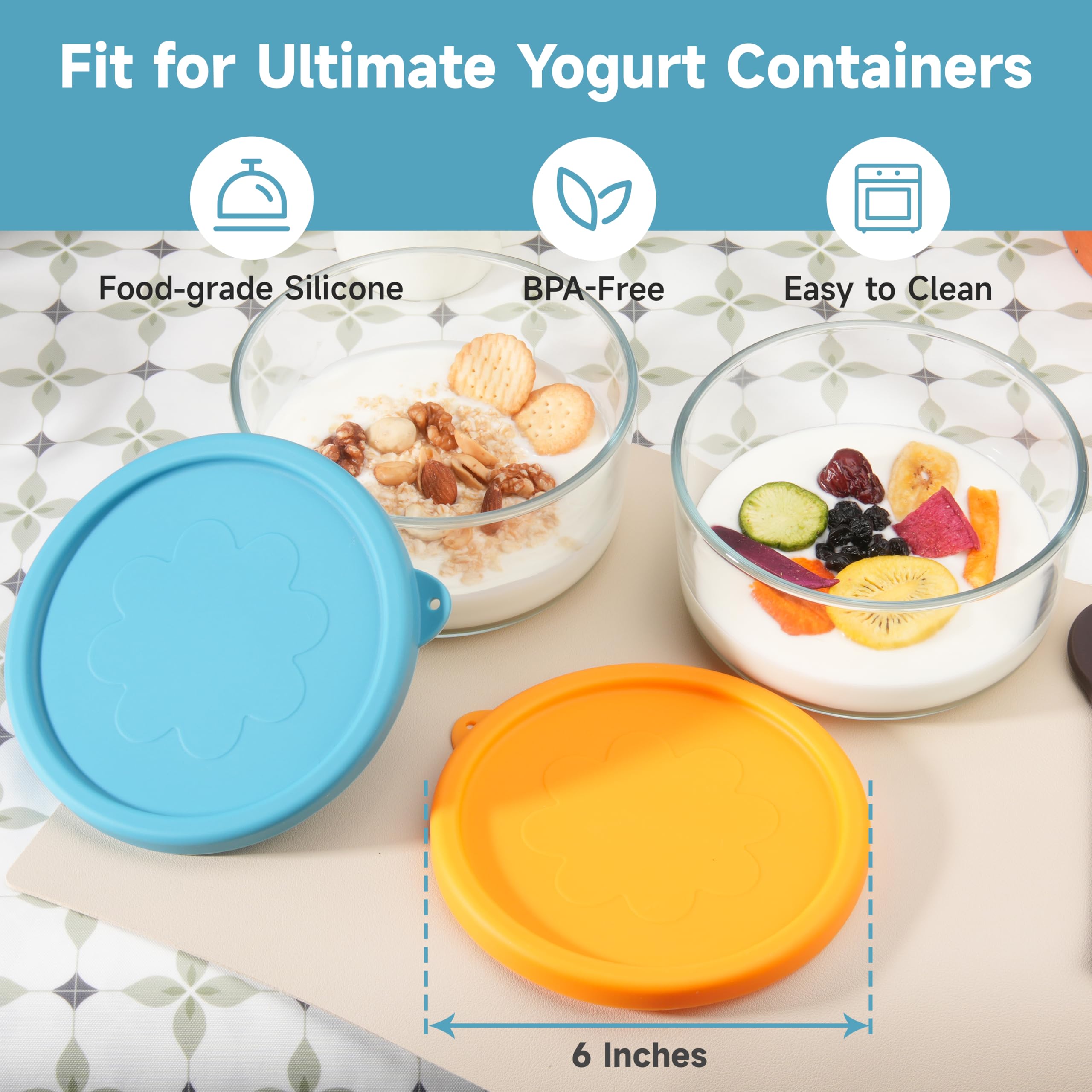 2-Pack Silicone Replacement Lids for 1-Quart Glass Yogurt Containers (4 Cup) - Reusable, Dishwasher, Freezer & Microwave Safe - Perfect for Food Storage, Meal Prep & Leftovers (Containers Not Included)