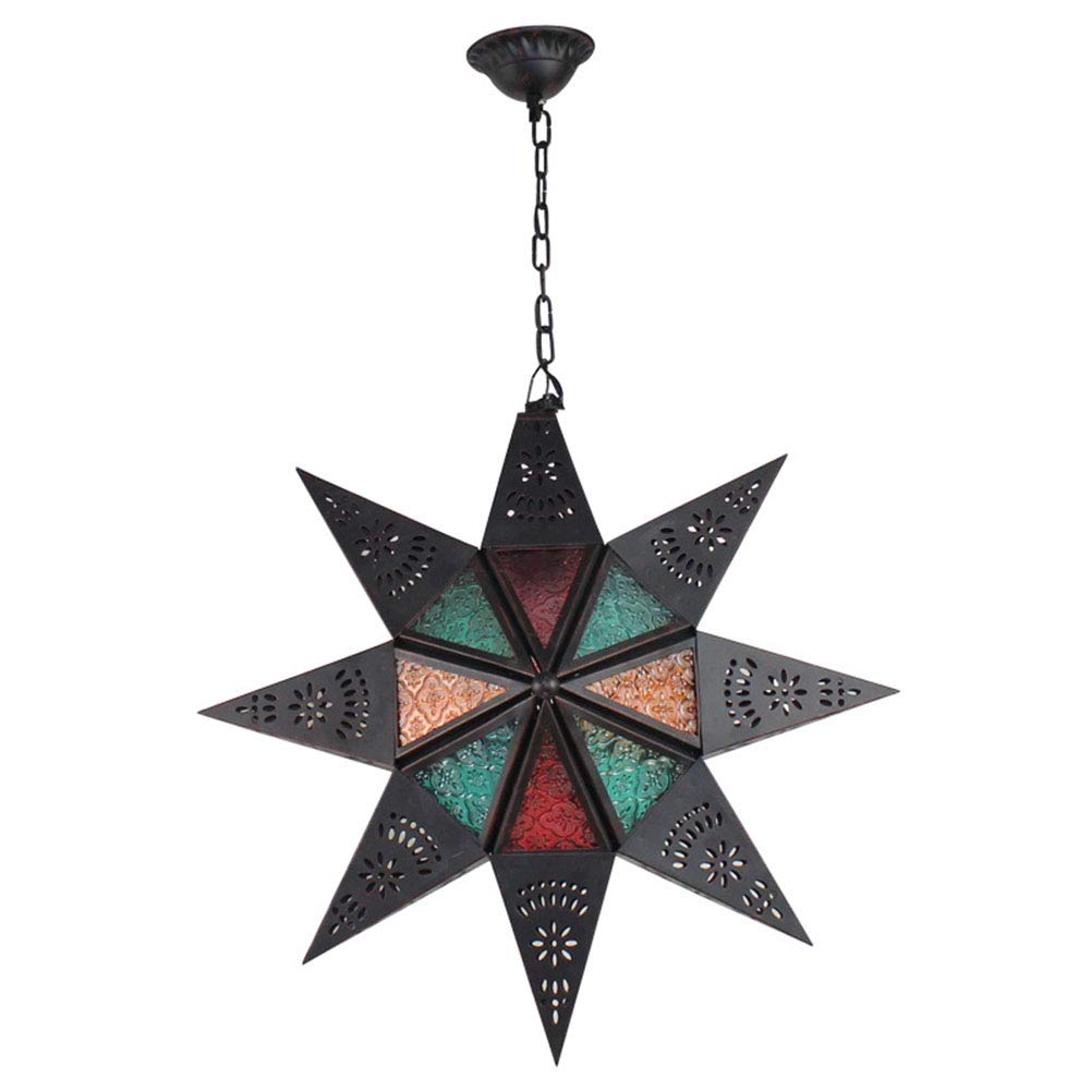 Moroccan Classic Star Pendant Light - Handcrafted Iron Tiffany Style Ceiling Lamp with Carved Art Lampshade | Vintage Arabic Pentagram Hanging Light for Living Room, Bedroom & Dining Room Decor
