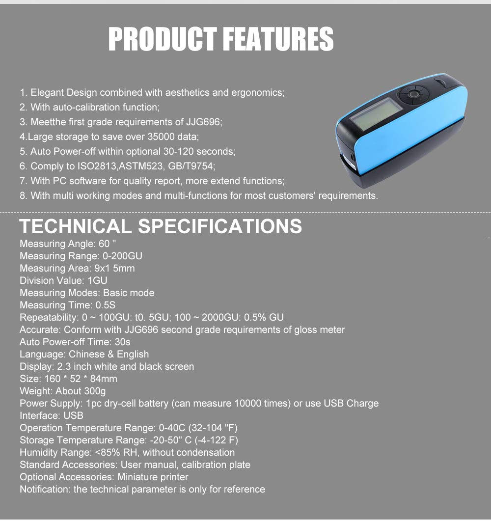 YG60S 60 Degree Gloss Meter - Professional Paint, Ink, Ceramic & Marble Surface Gloss Tester | Perfect for Quality Control in Automotive, Furniture & Construction Industries