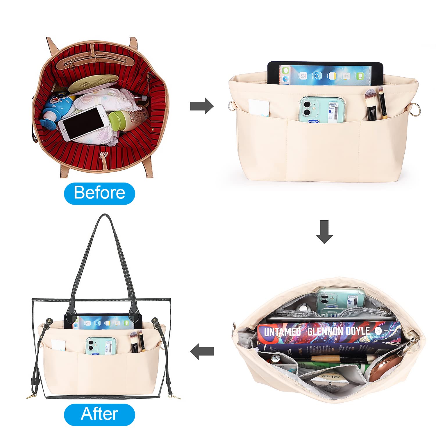 Sightor Nylon Handbag Organizer Insert - Large Beige Purse Organizer for Tote Bags | Perfect for Travel, Work & Everyday Use to Keep Essentials Neat & Accessible