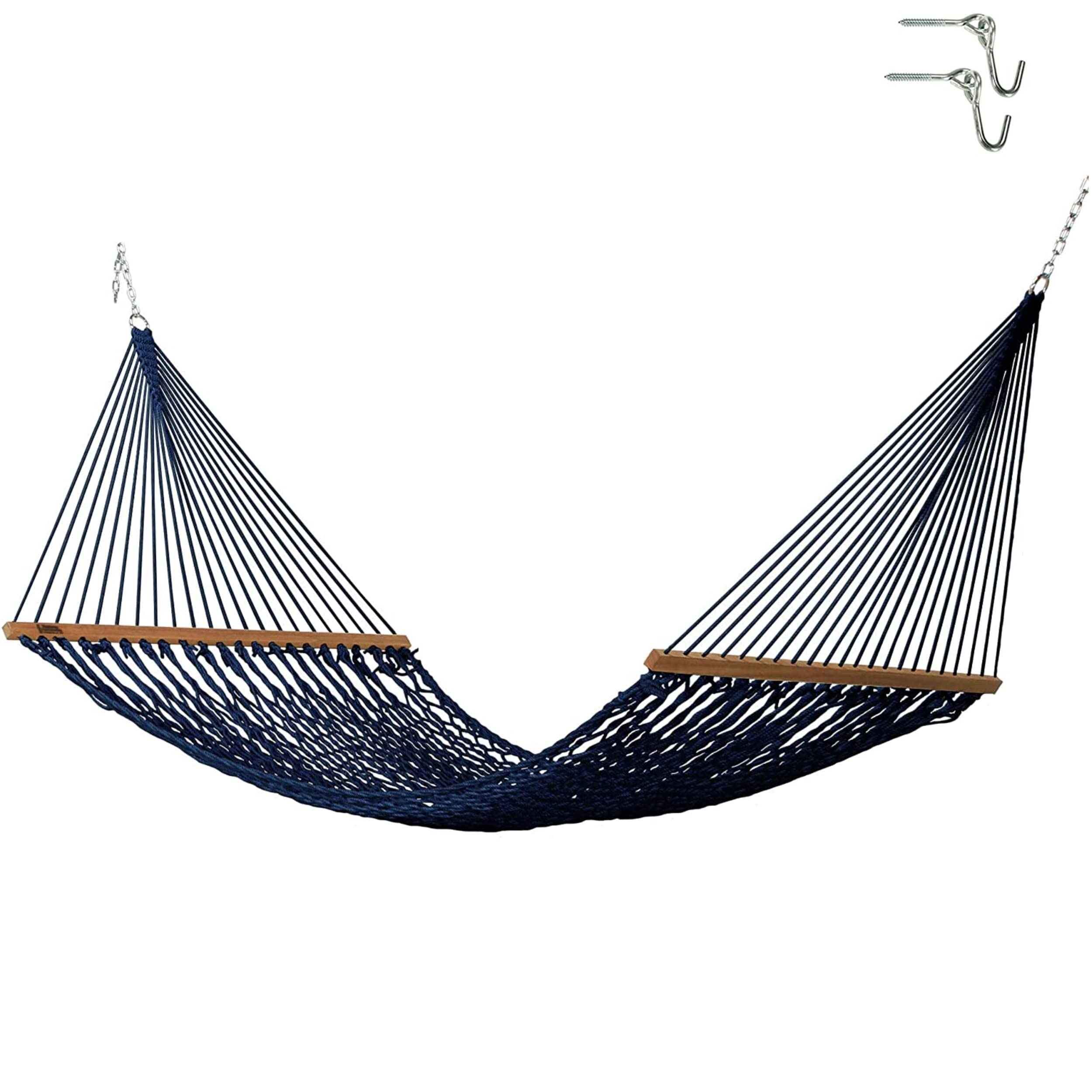Premium Handwoven Hatteras Hammocks - Large Navy Blue Duracord Rope Hammock with Free Extension Chains & Tree Hooks | Made in USA | 450 LB Capacity for 2 People (13ft x 55in) | Perfect for Backyard Relaxation, Camping Trips & Beach Vacations