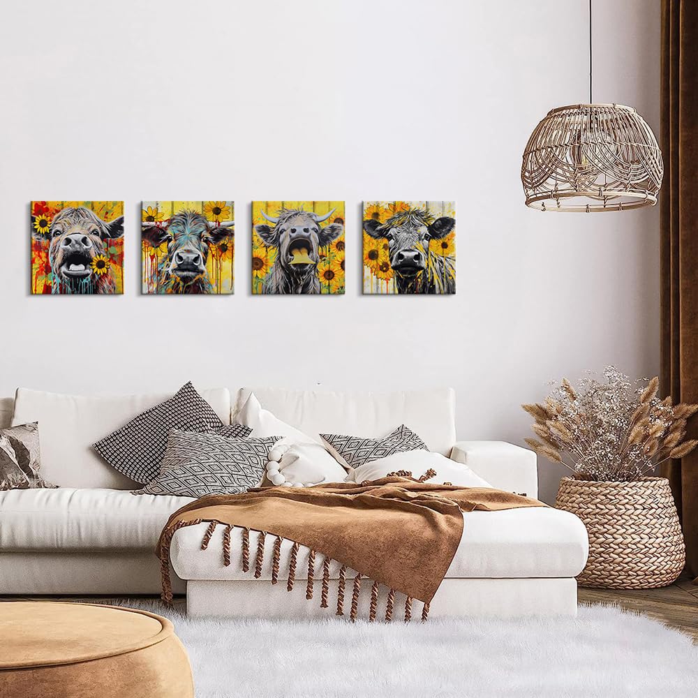 Highland Cow Wall Art - 4-Piece Farmhouse Decor for Living Room