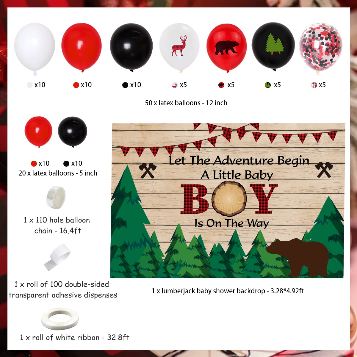 Lumberjack Baby Shower Decorations for Boys - Buffalo Plaid Backdrop & Balloon Garland Arch Kit | Woodland Hunting Theme Party Supplies | Perfect for Rustic Nursery, Gender Reveal & First Birthday Decor